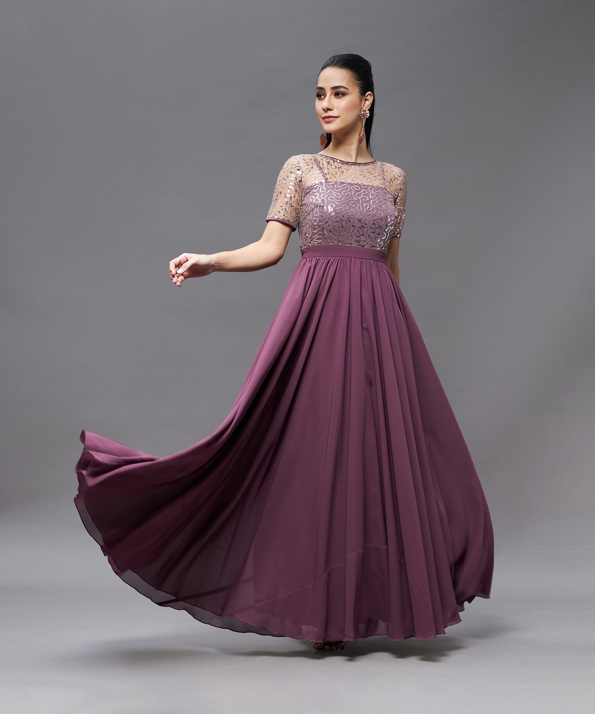 miss chase Women Fit and Flare Purple Maxi/Full Length Dress-picture-13