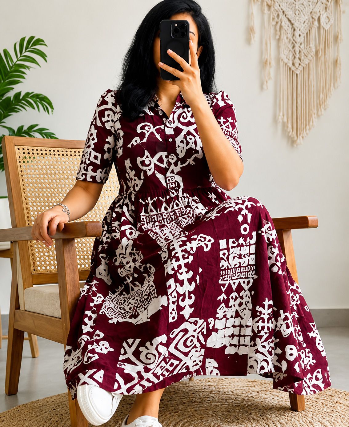 Women Shirt Maroon, White Midi/Calf Length Dress-image-24