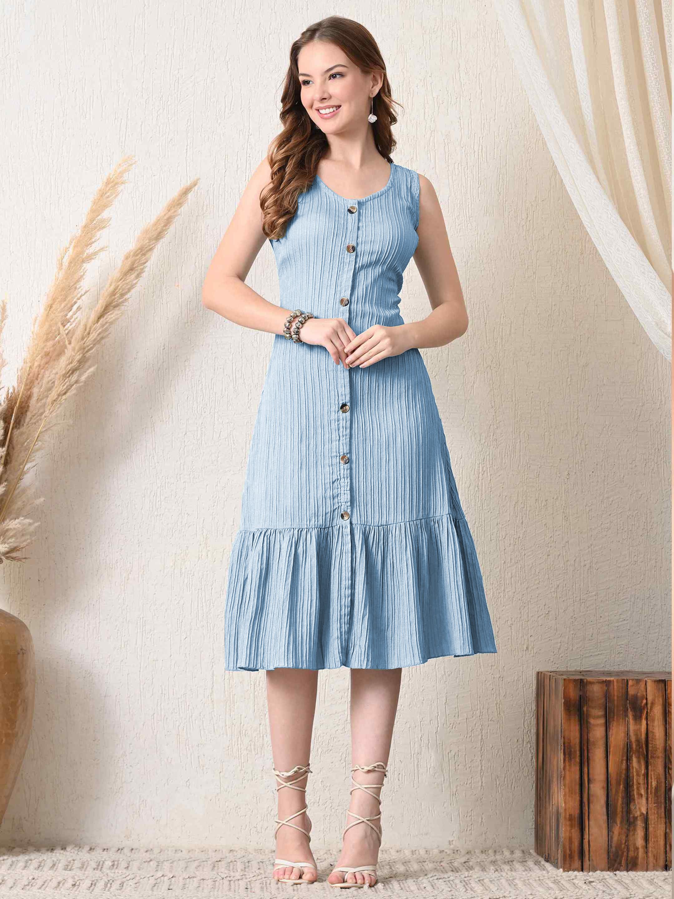 Women A-line Light Blue Below Knee Dress