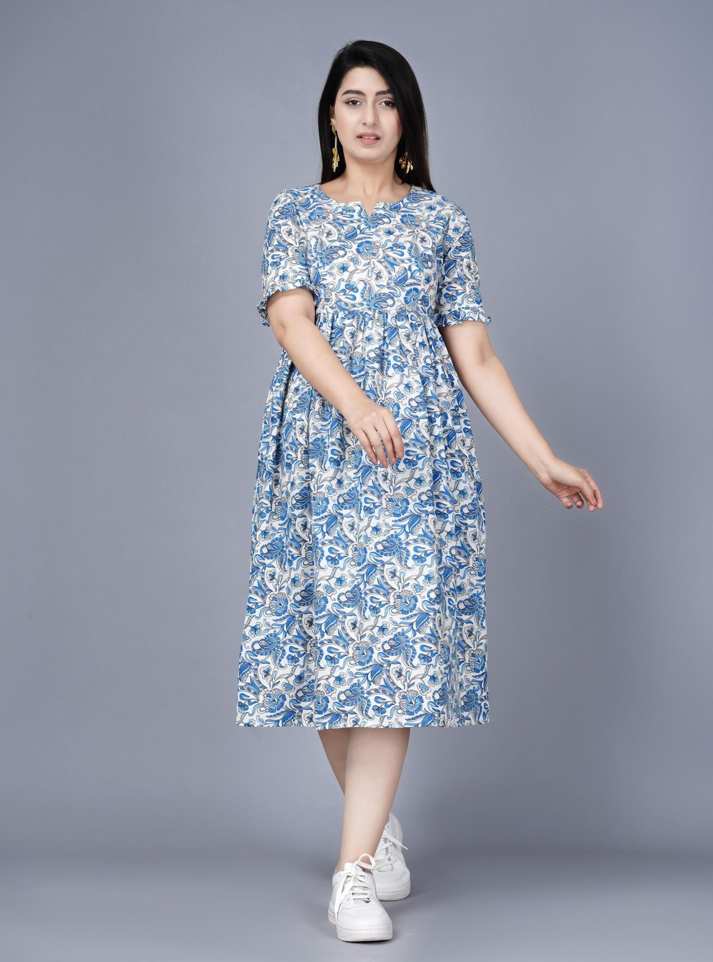 Women Fit and Flare Light Blue, White, Black Midi/Calf Length Dress-image-32
