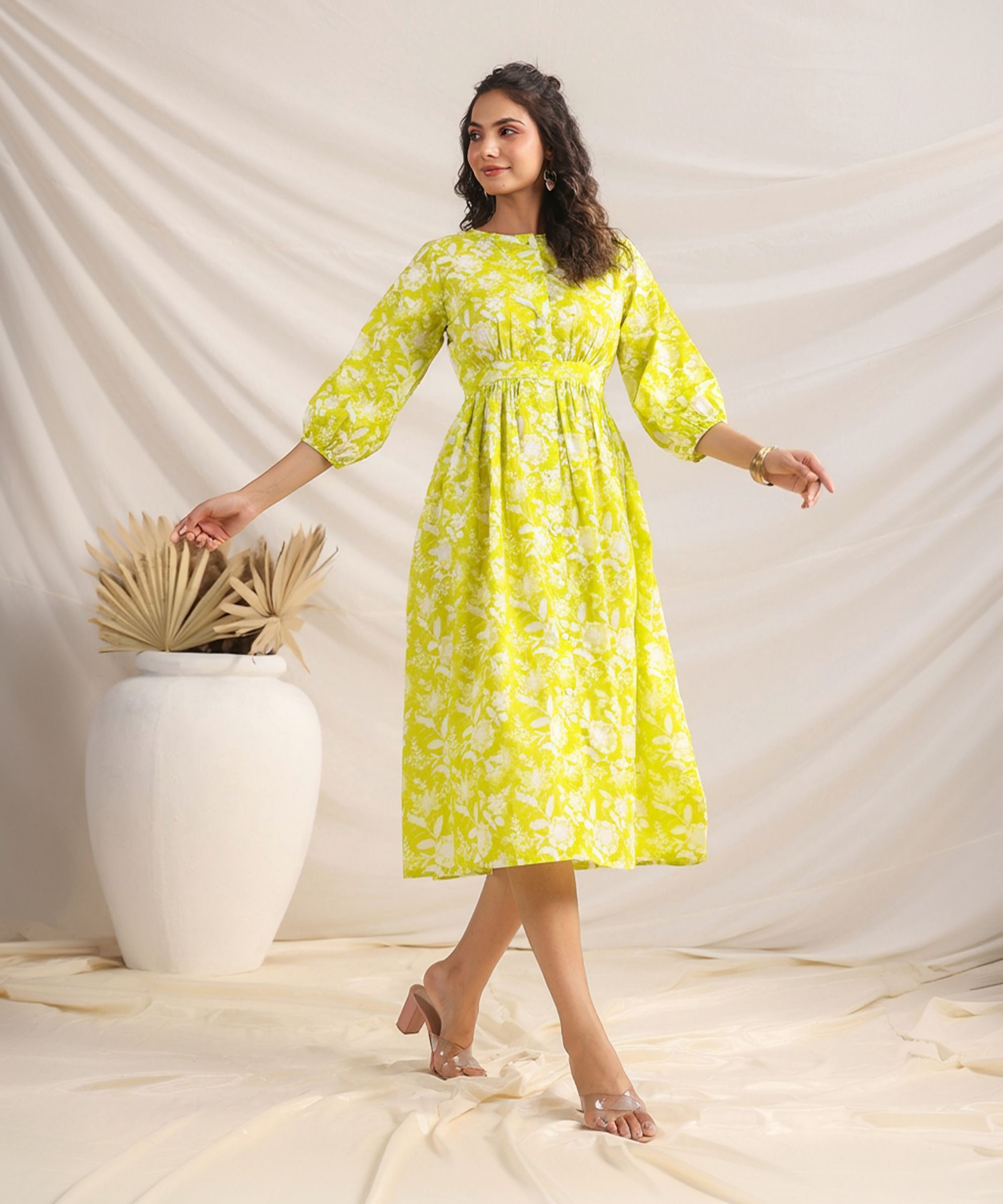 Women Gathered White, Light Green Midi/Calf Length Dress-image-29