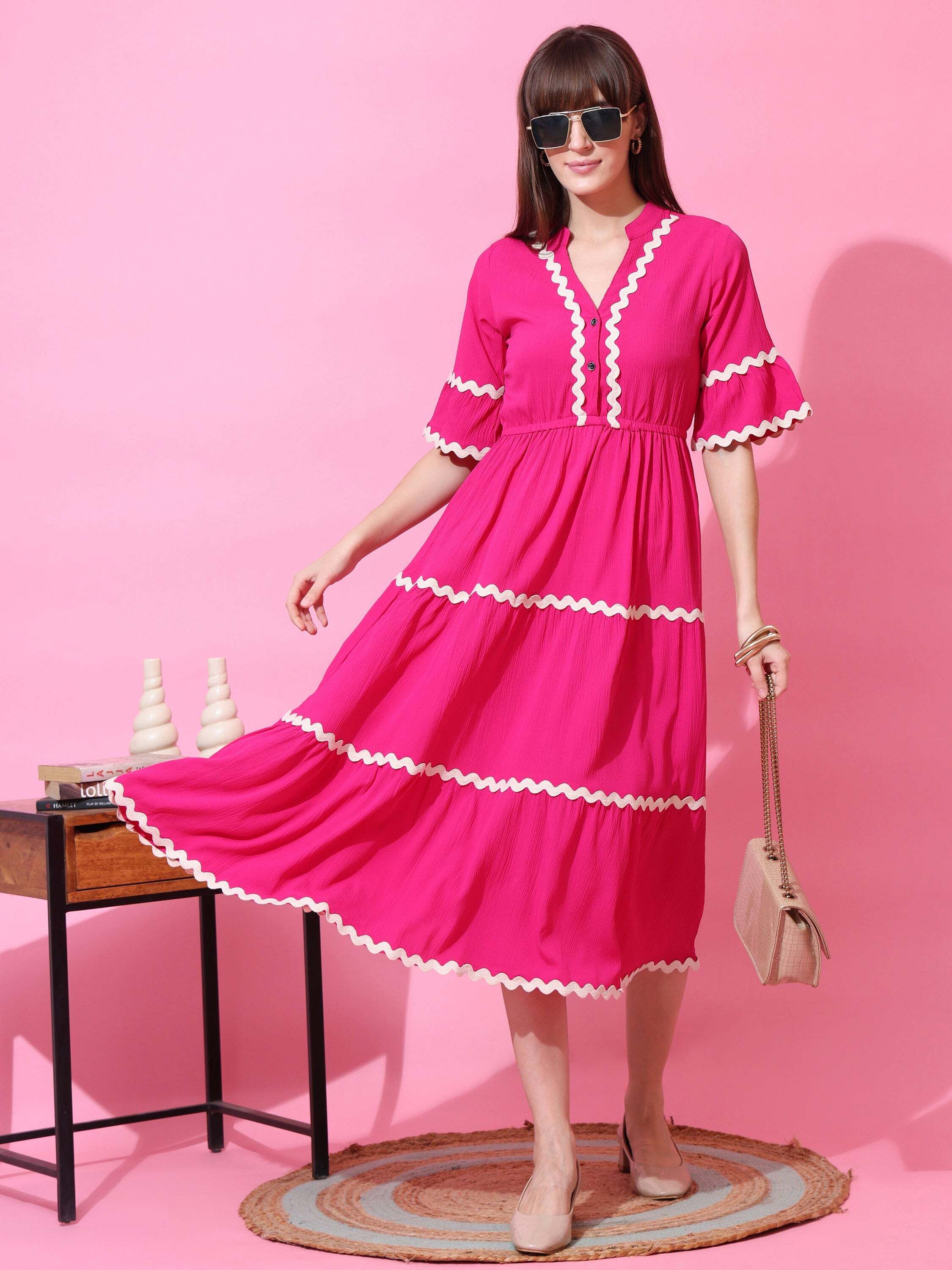 Women Fit and Flare Pink Midi/Calf Length Dress-image-8