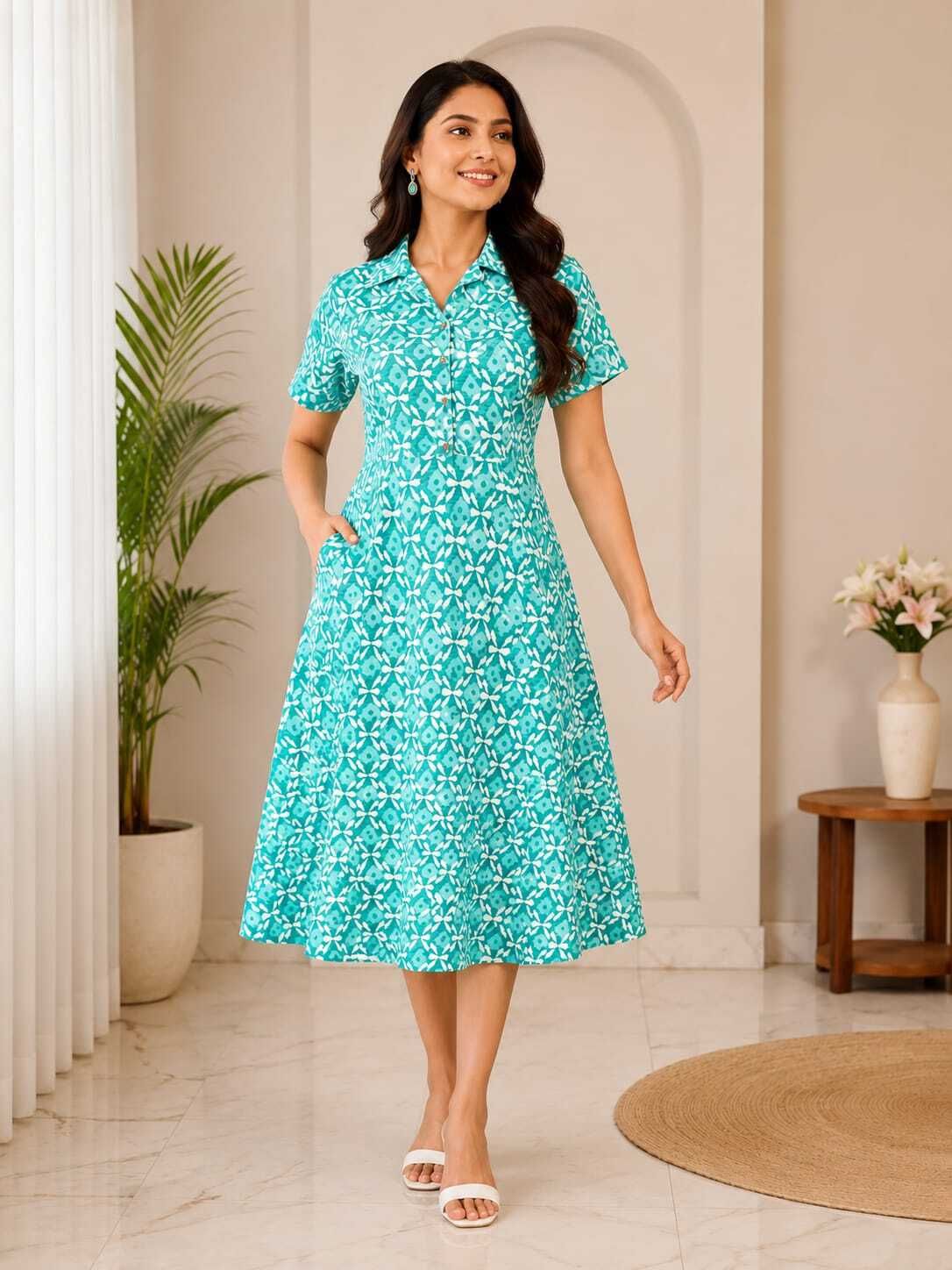 dayzee Women Fit and Flare Light Blue, White Midi/Calf Length Dress-picture-23