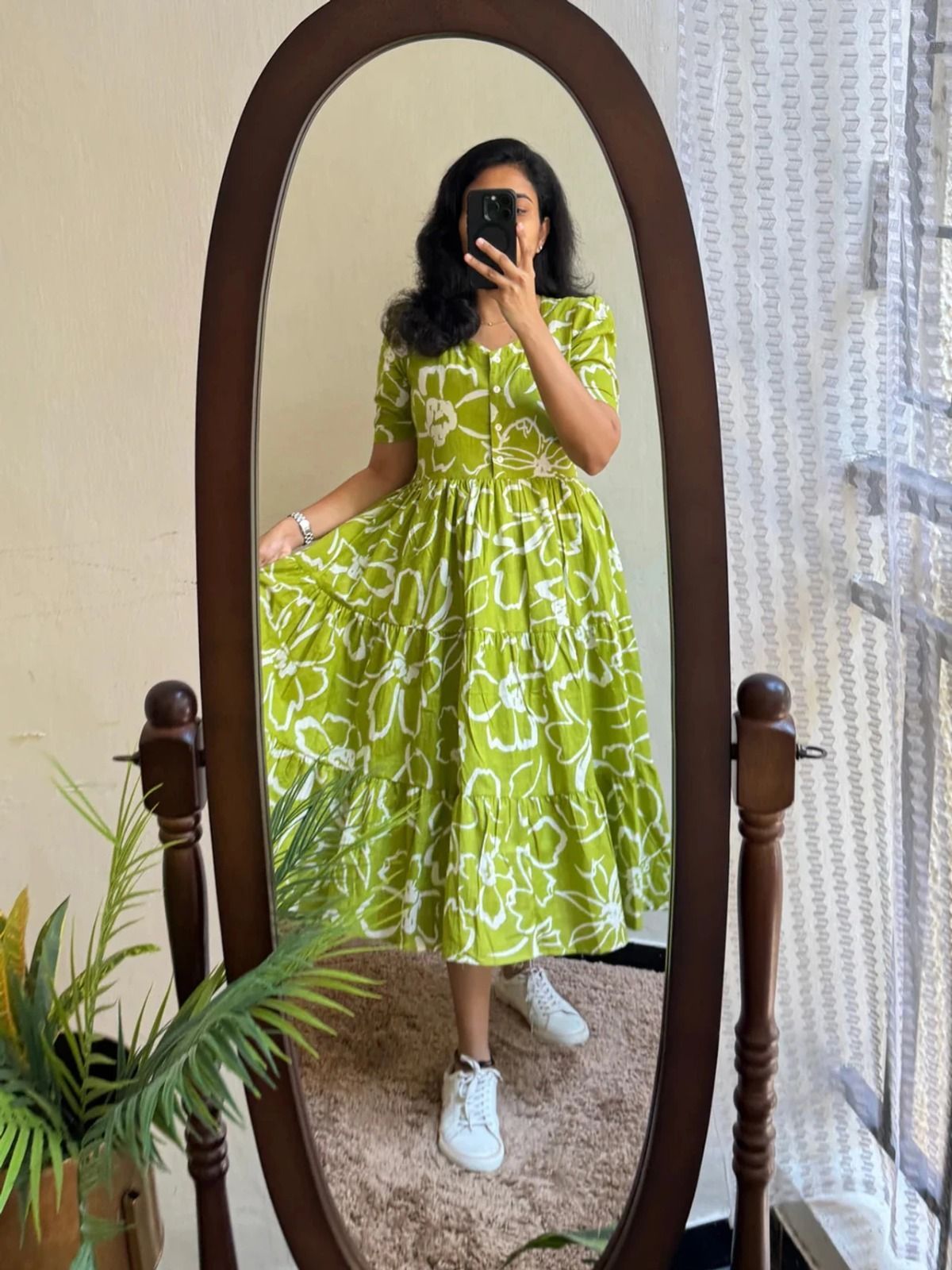 Women Tiered Green Midi/Calf Length Dress-image-9