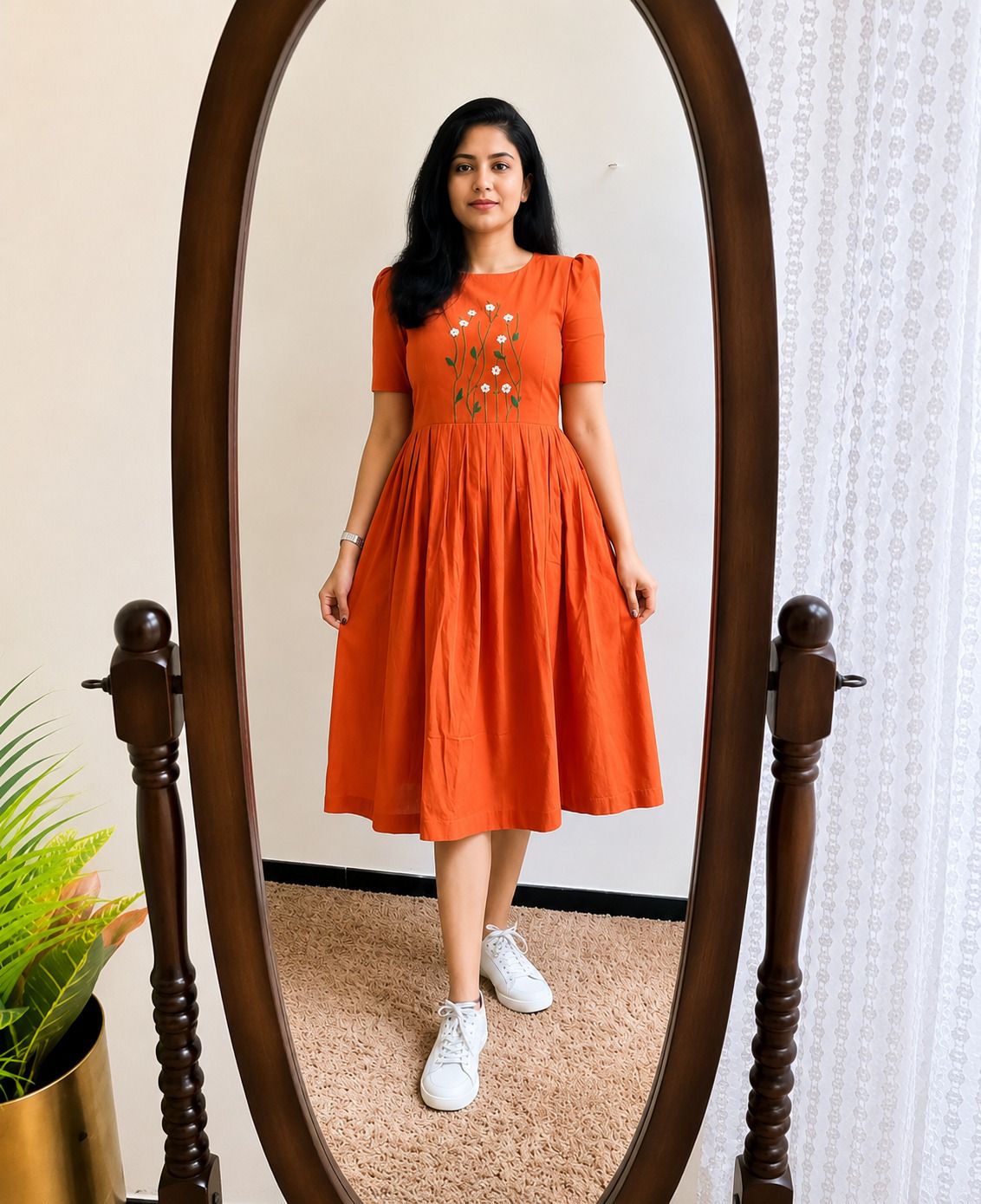 Women Fit and Flare Orange Midi/Calf Length Dress-image-13