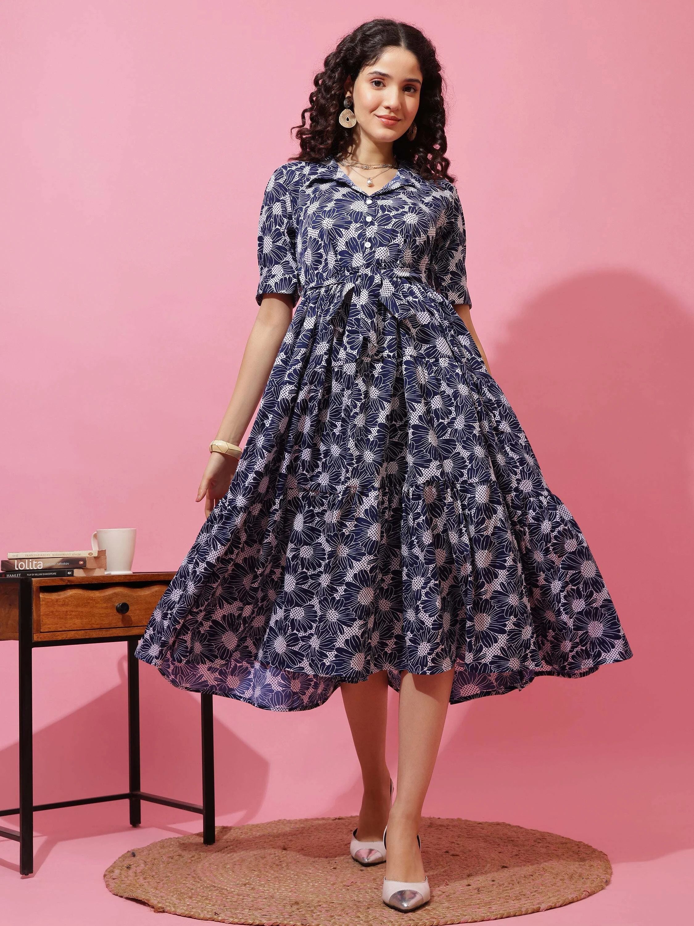 Women Fit and Flare Blue Midi/Calf Length Dress