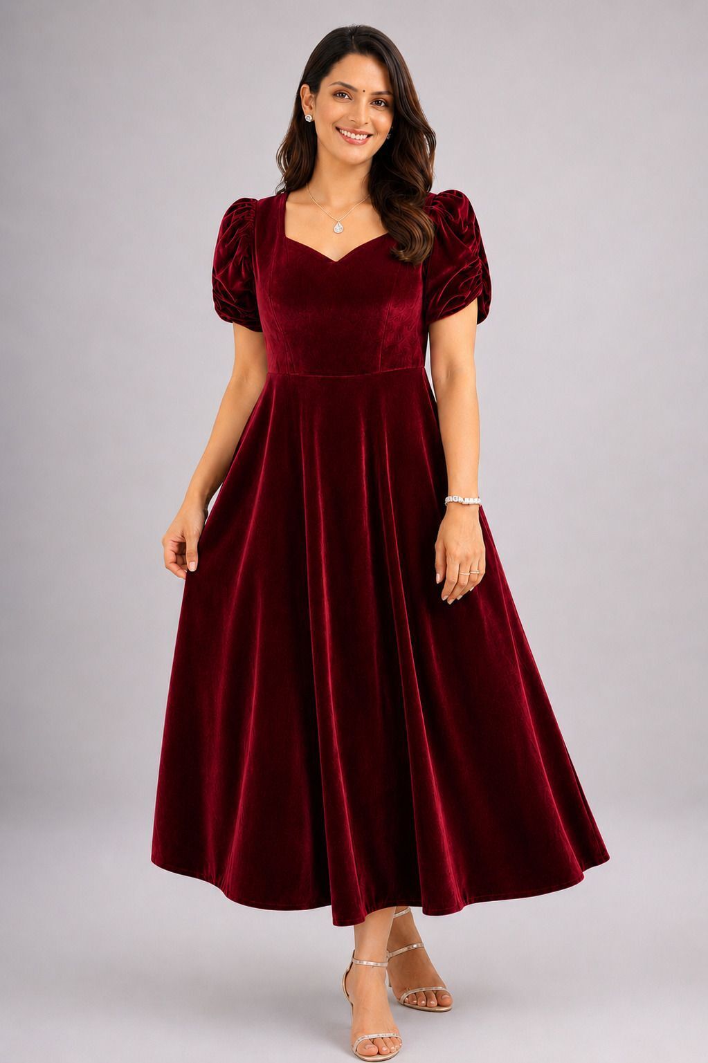 freyal enterprise Women Fit and Flare Maroon Below Knee Dress-picture-3