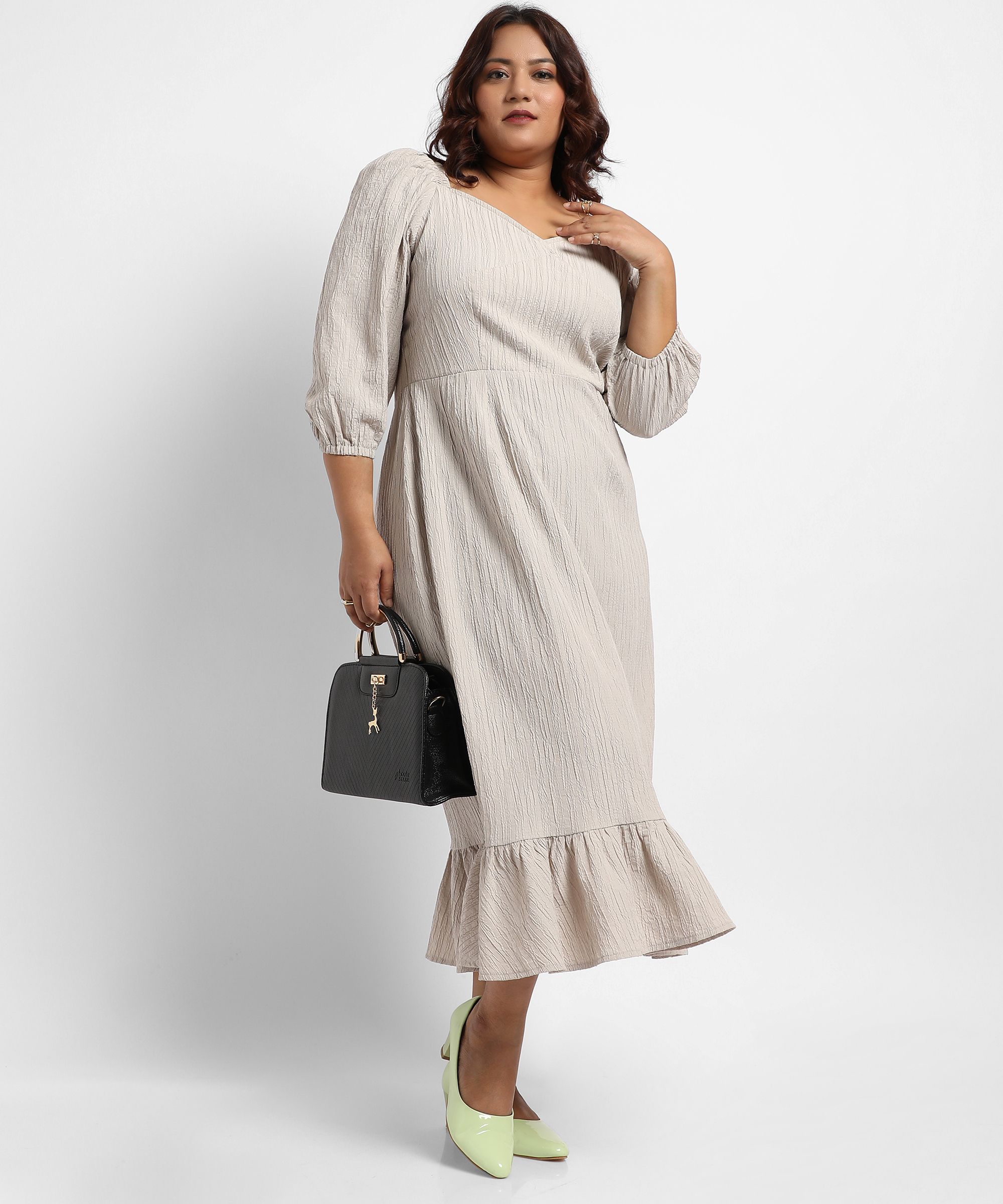 instafab plus Women A-line Grey Midi/Calf Length Dress-picture-28