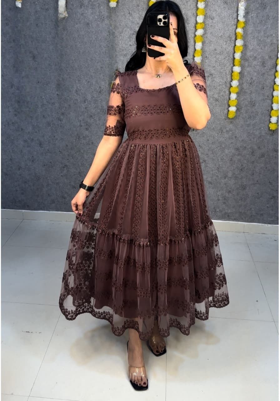 Women Tiered Brown Maxi/Full Length Dress-image-35