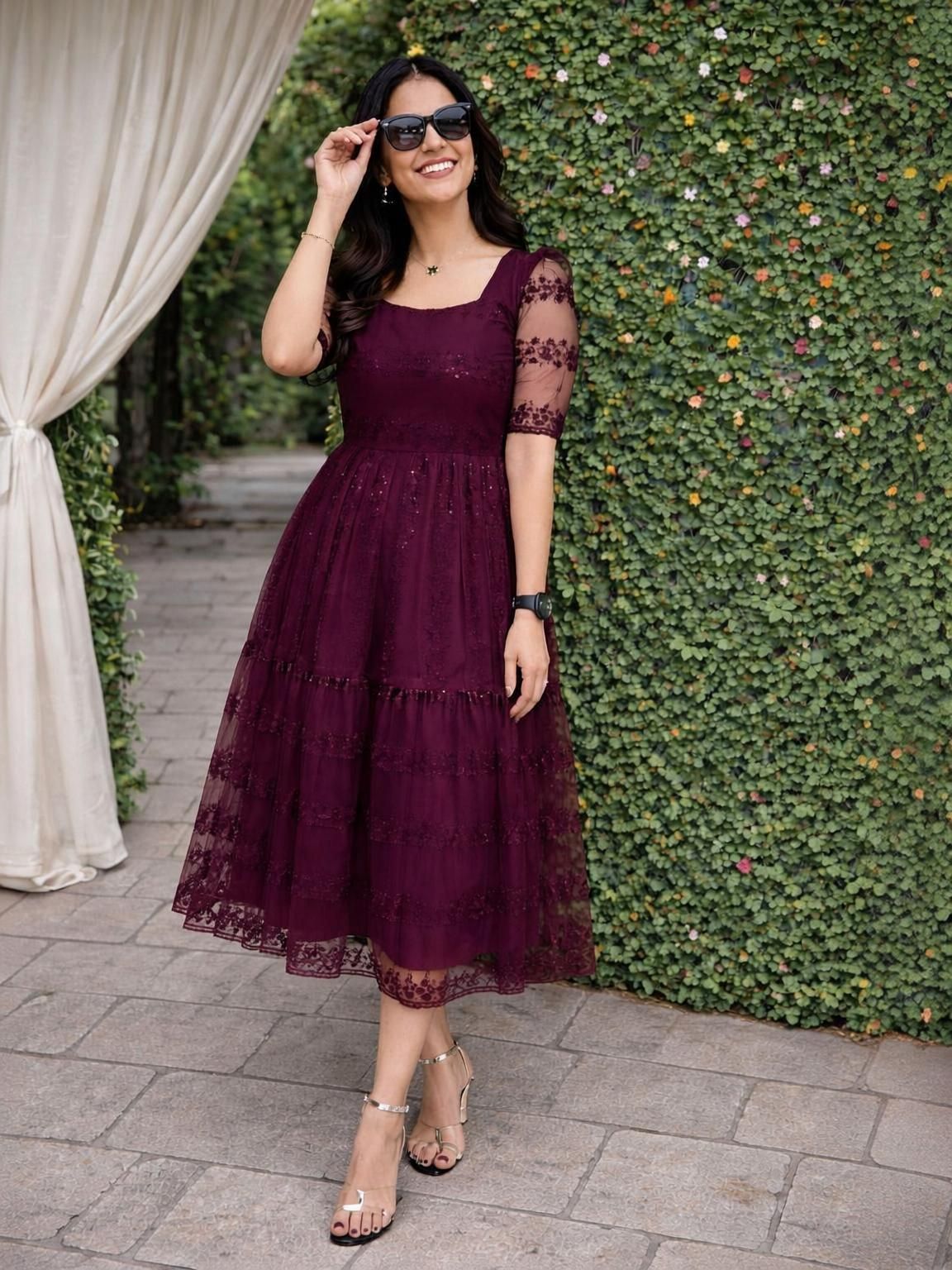 tantukriti Women Gown Maroon Below Knee Dress-picture-33