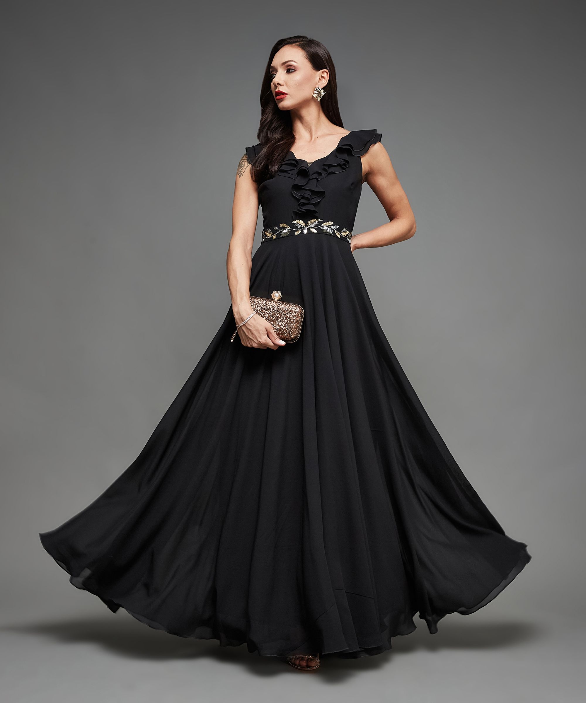 Women Ruffled Black Maxi/Full Length Dress-image-44