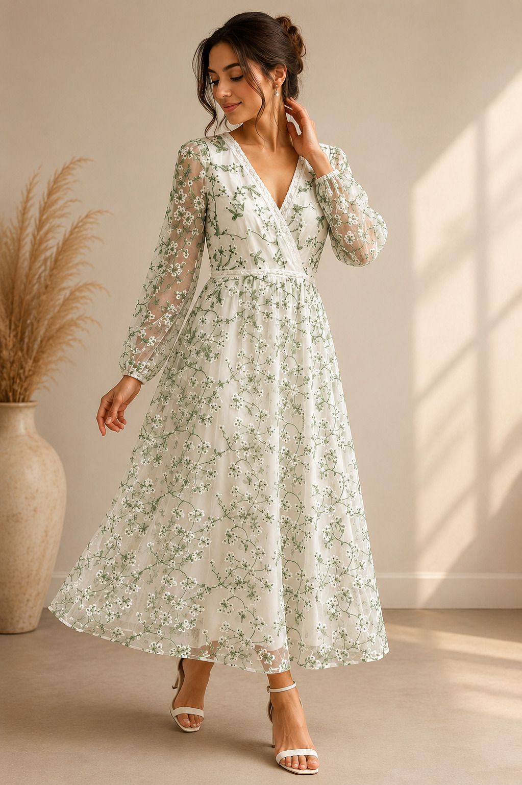 neo fashions Women Fit and Flare White, Green Ankle Length Dress-picture-10