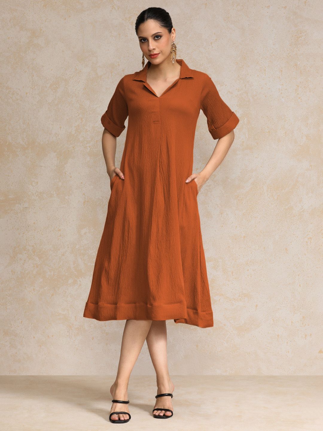 Women A-line Orange Midi/Calf Length Dress-image-15
