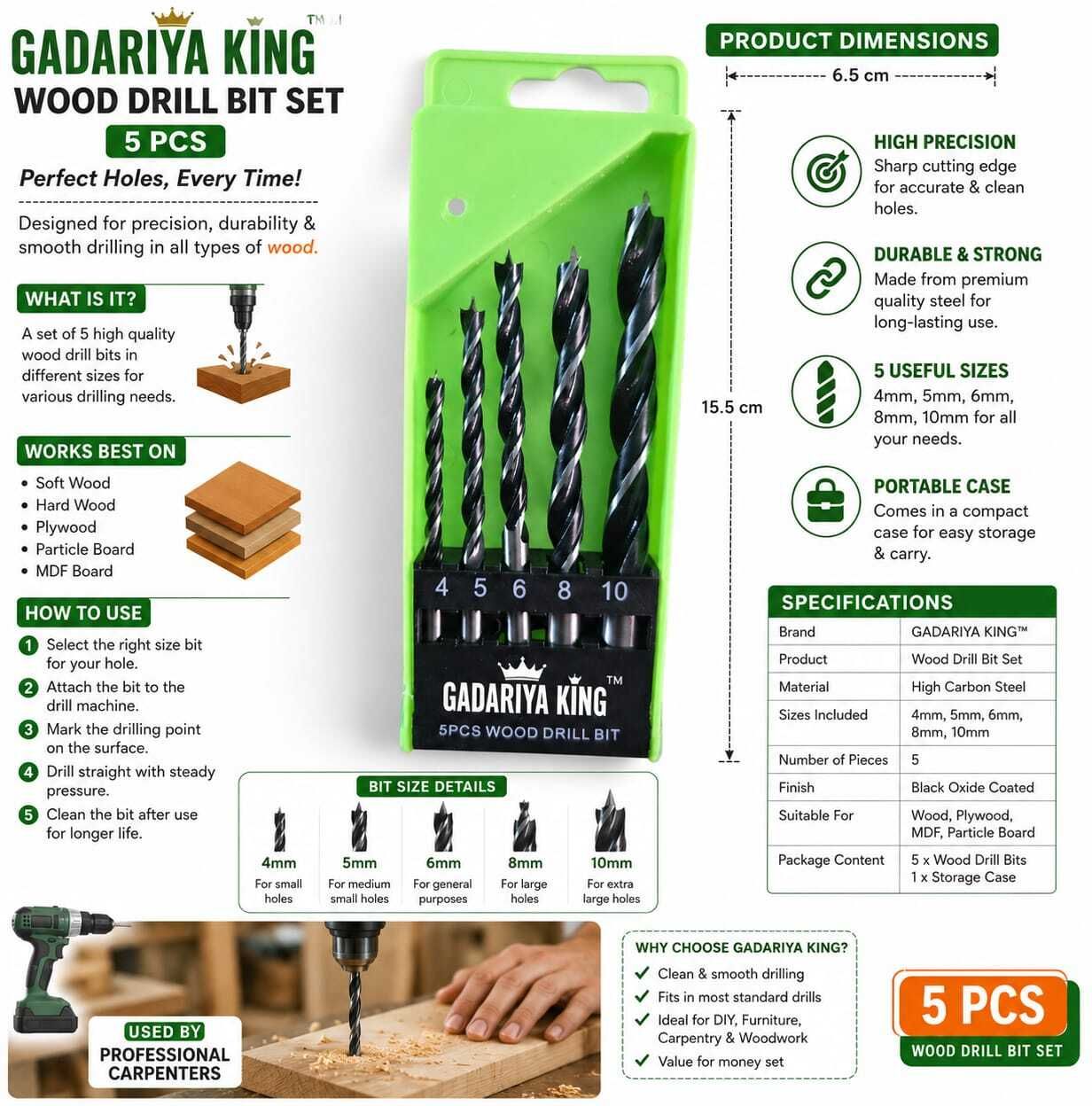 gadariya king 5pc Wood drill bit set Heavy Duty 5pc Wood drill bi for Tile, Brick, Cement, Concrete, Plastic & Wood-picture-23