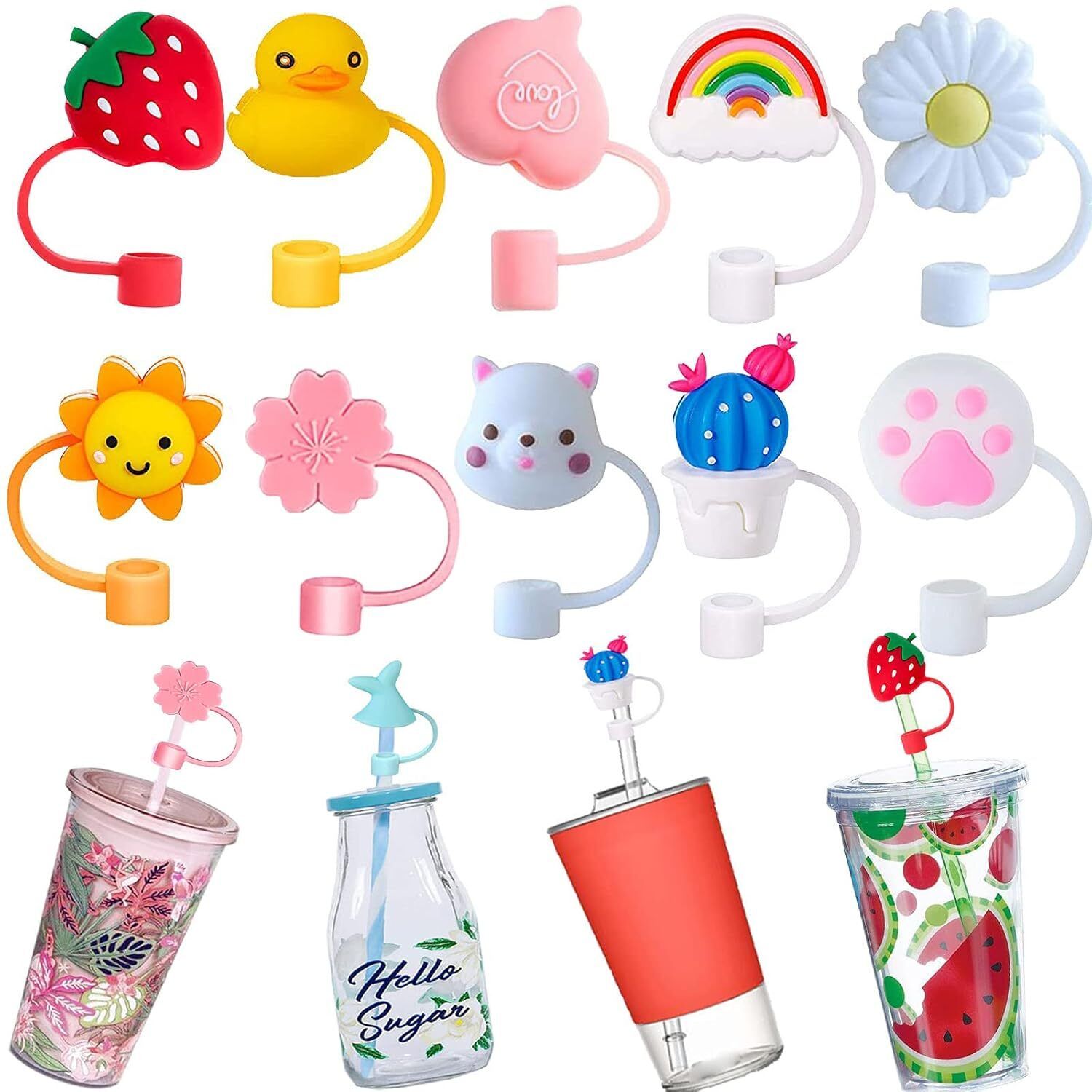 Adorable Cartoon Silicone Straw Cap, Lids Anti-Dust Silicone Straw Caps (10pcs) Drinking Roulette-image-39