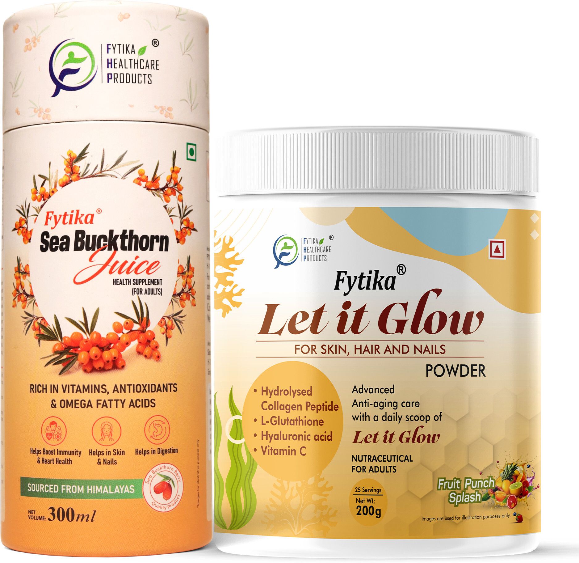 Sea Buckthorn Juice- 300ml & Let it Glow Collagen Powder Fruit Punch- 200G Combo-image-43