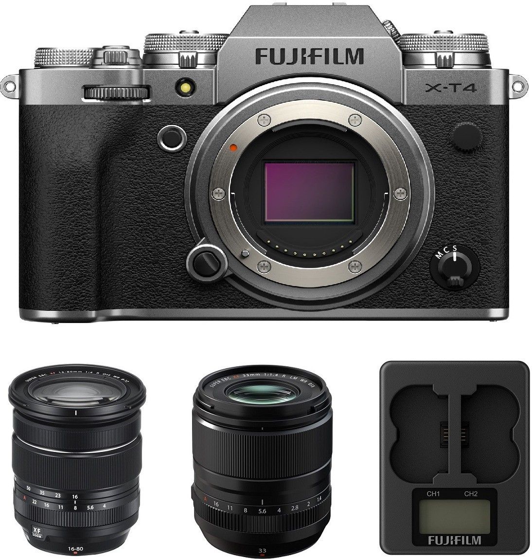 FUJIFILM Mirrorless X-T4 Mirrorless Camera Body with XF16-80mm and XF33mm F1.4 R LM WR lens and BC-W235 Dual BatteryCharger