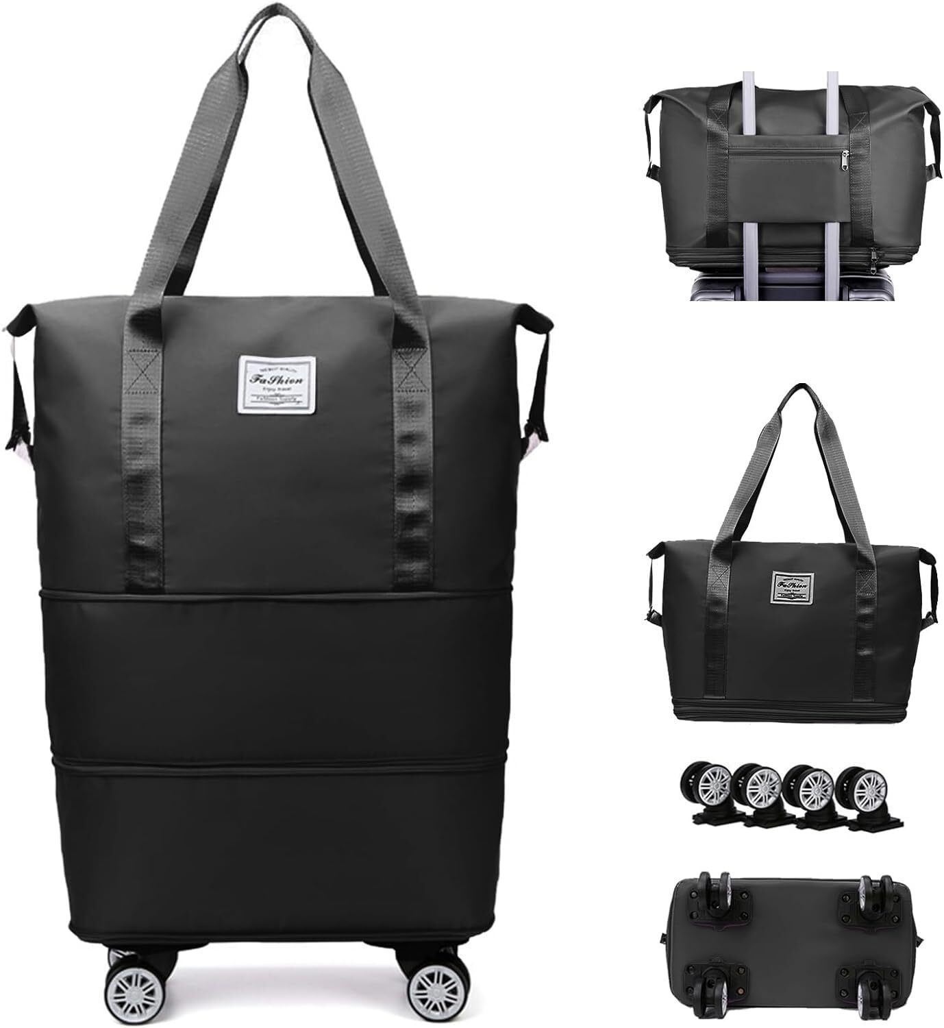 1 L Strolley Duffel Bag - Foldable Duffle Bag with Wheels and Handle for Travel,Carry on Rolling Luggage - Black - Regular Capacity-image-3