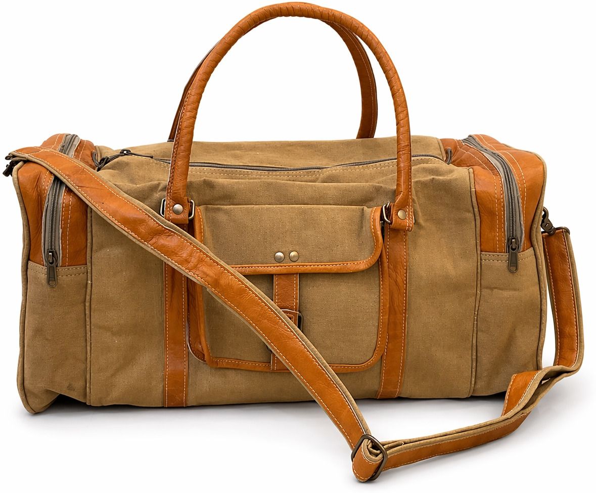 20 L Gym Duffel Bag - Canvas and Genuine Leather Duffle Bag, Vintage Style - Brown-image-15