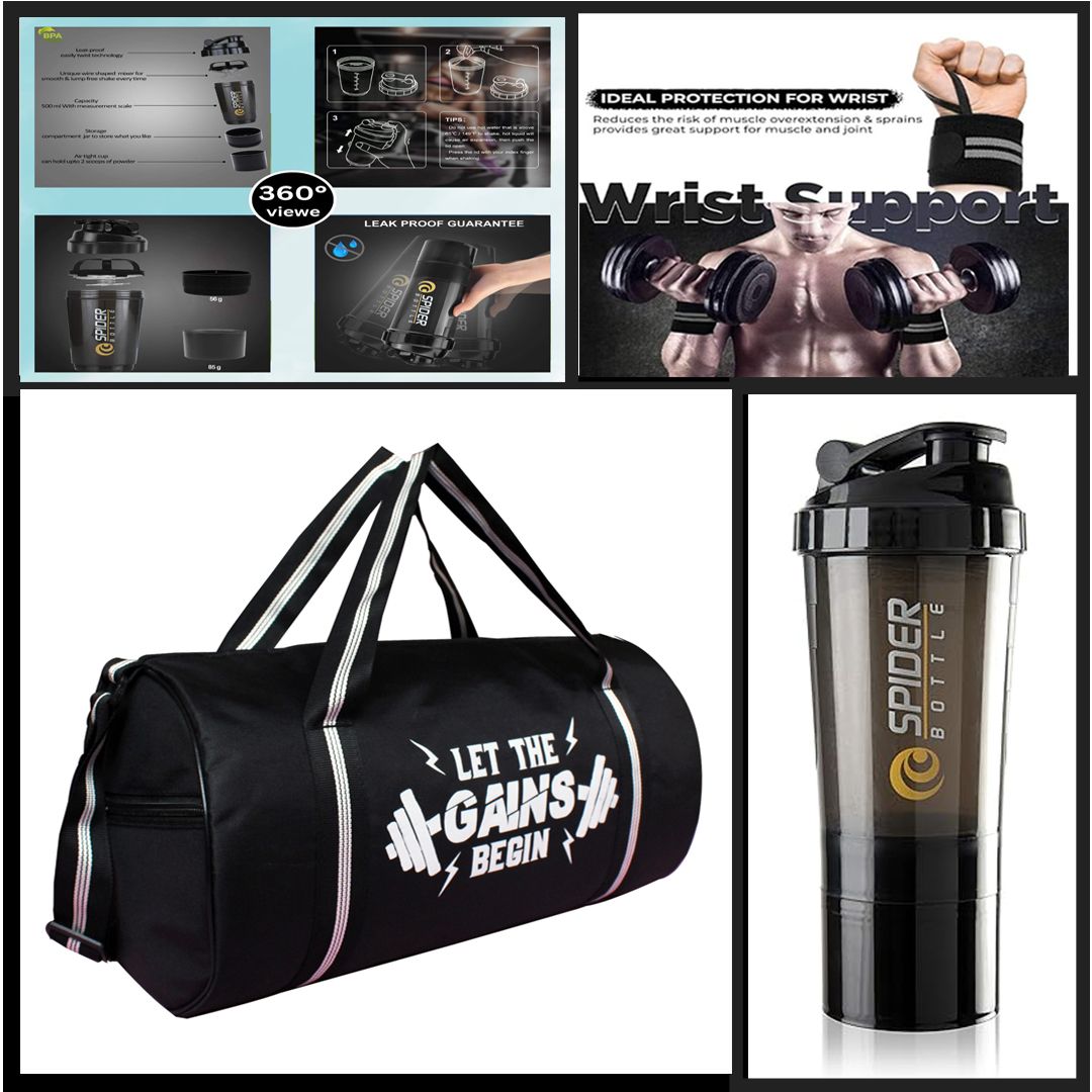 15 L Gym Duffel Bag - Combo for Black Gym Bag, black Bottle shaker 600ml & black Wrist Support Band - Black-image-29