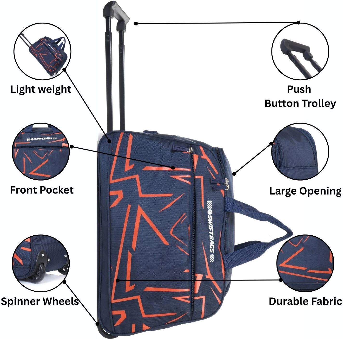 swiftbags 48 L Strolley Duffel Bag - Trendy 20" Inch Cabin Trolley Duffel Lightweight Classic Expandable Foldable - Blue - Regular Capacity-picture-19