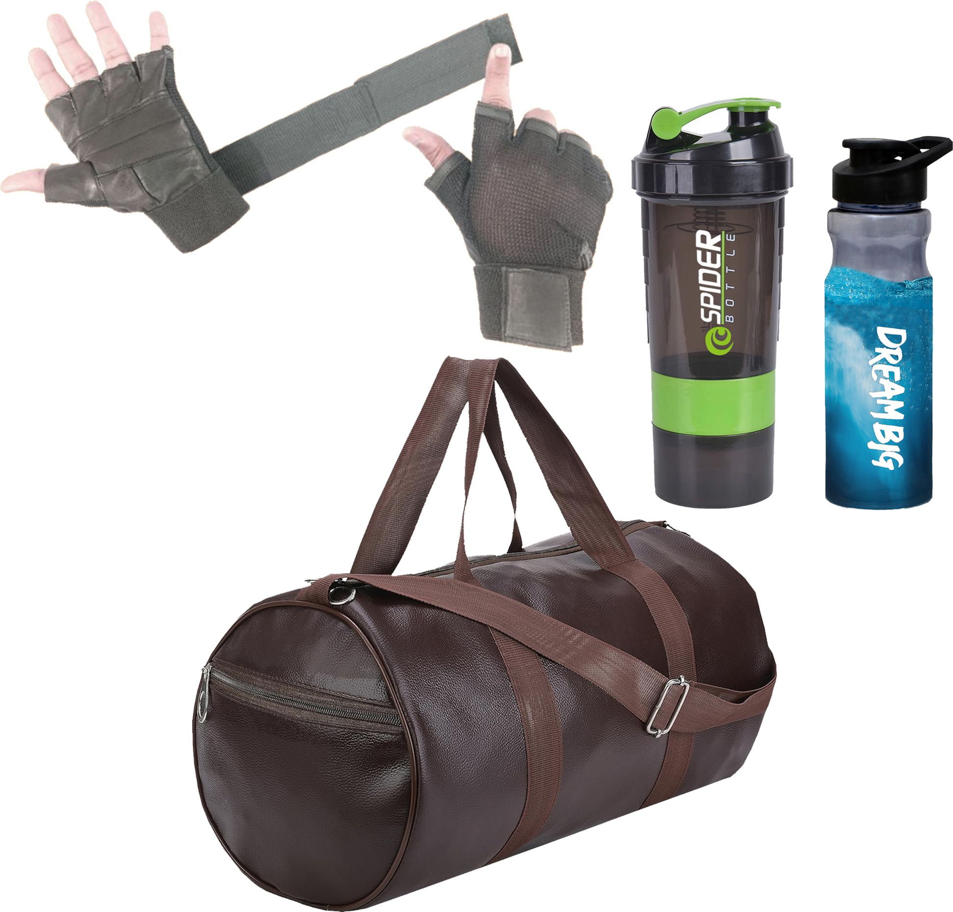 20 L Gym Duffel Bag - Gym Duffle Bag Brown Leather Bag Shaker Bottle Sipper Gym Gloves with Long Strap - Green, Brown-image-13