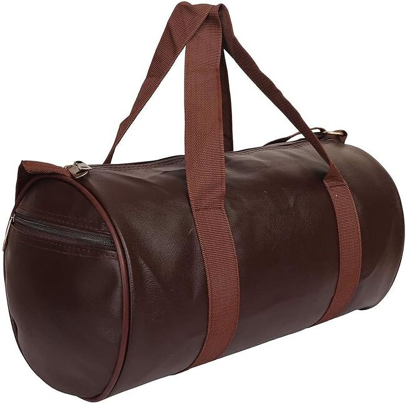 10 L Gym Duffel Bag - KT Brown Leatherette Round Duffel Gym & Travel Bag with Side Pocket - Brown