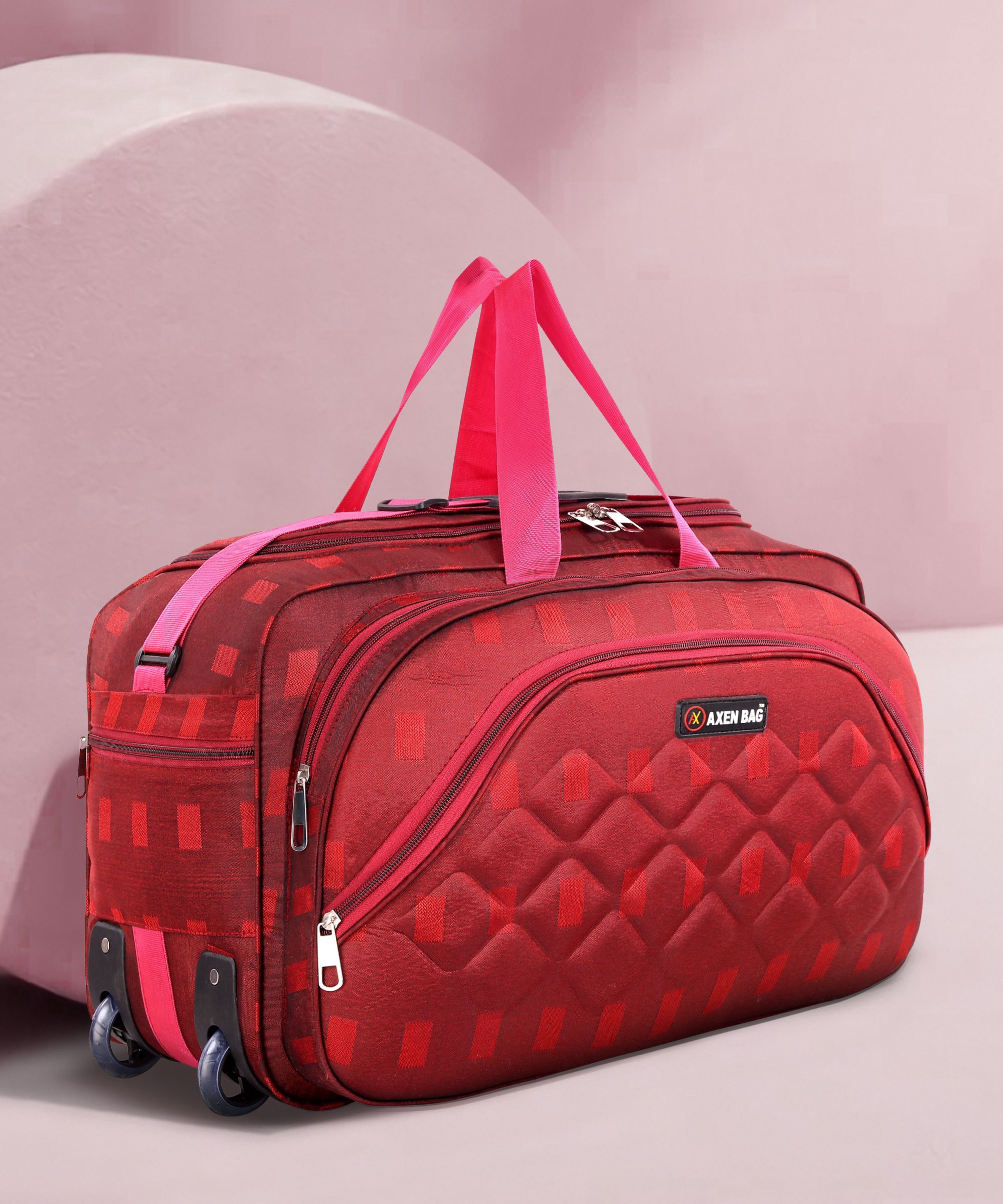 50 L Strolley Duffel Bag - Unisex Expandable Waterproof Lightweight 50 L Travel Duffel Bag with 2 Wheels - Red - Regular Capacity