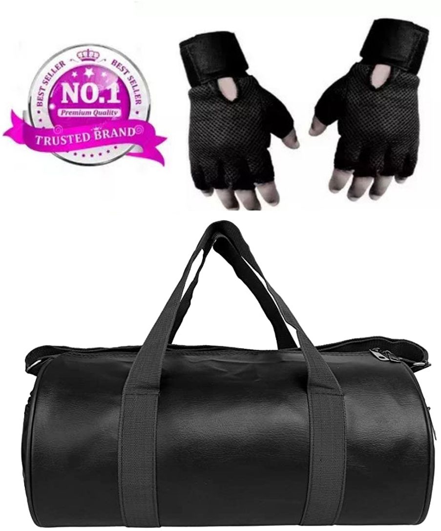 15 L Gym Duffel Bag - Combo set of Gym bag Polyester and high qualtiy Gloves (Black, Free Size) - Nude-image-3