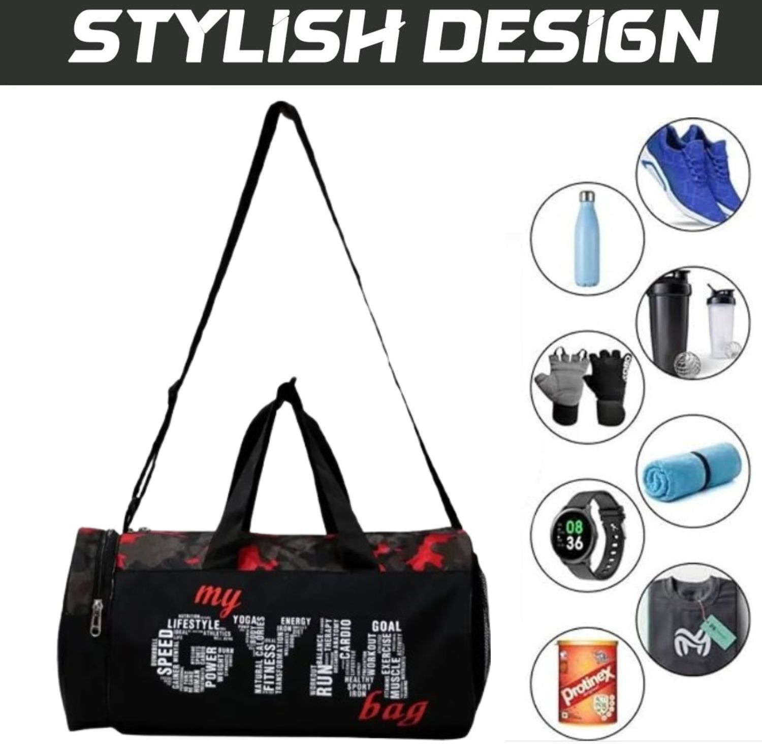 15 L Gym Duffel Bag - Combo for Shaker Protin Bottle Sports Bag for Men Women Gym Kit Bag - Black