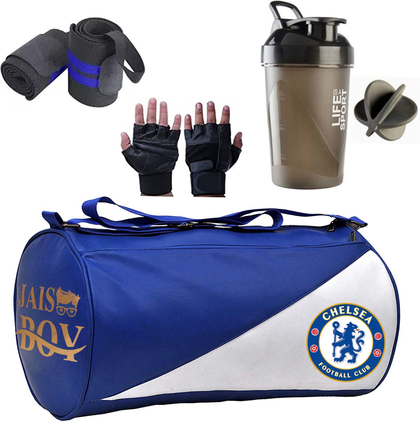 10 L Gym Duffel Bag - Combo Set of Gym Bag with Gym Glove with Wrist Band and life black shaker Bottle - White-image-13