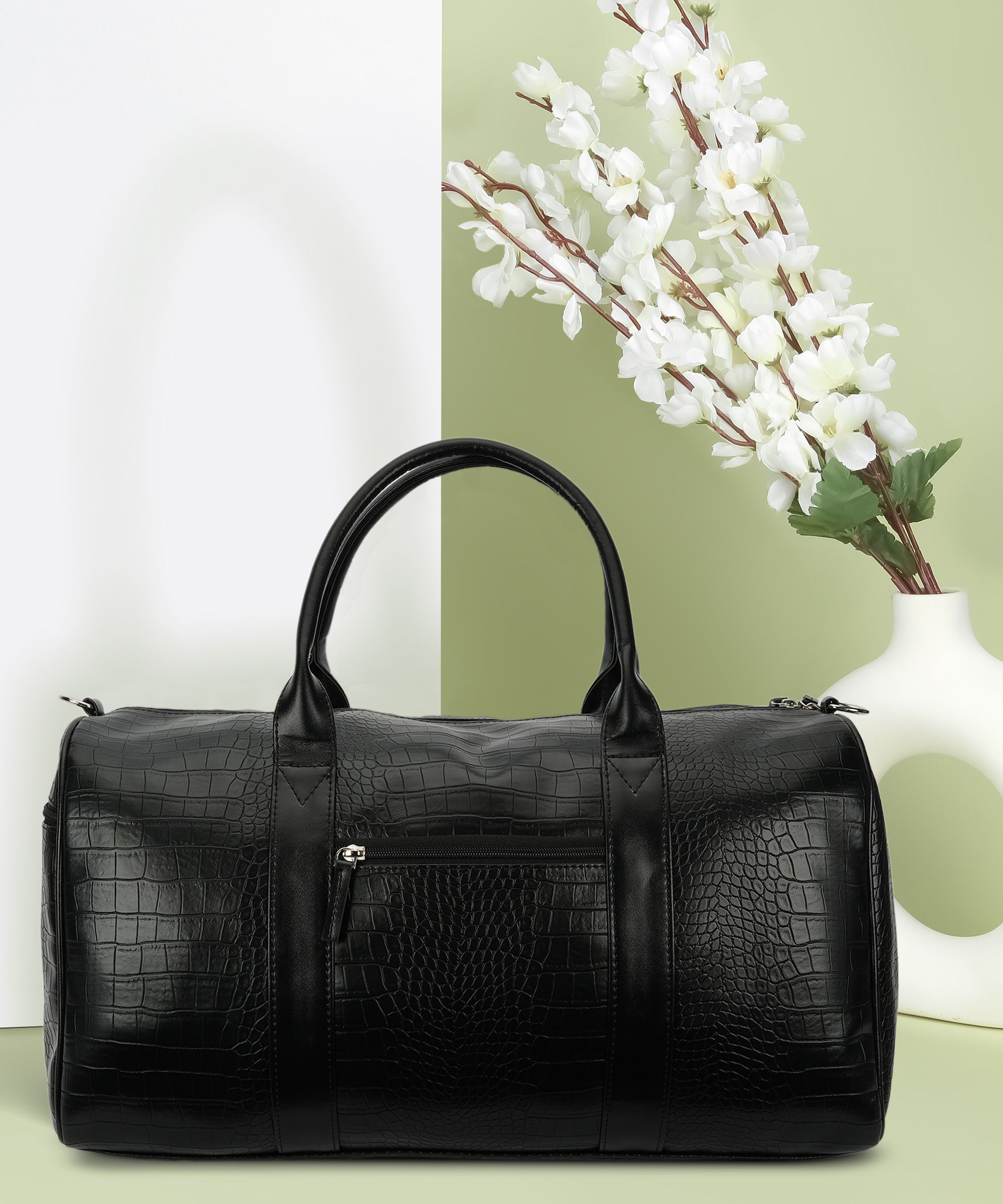 30 L Hand Duffel Bag - faux leather stylish weekender travel duffle bag / gym sport bag for men & women - Black - Regular Capacity