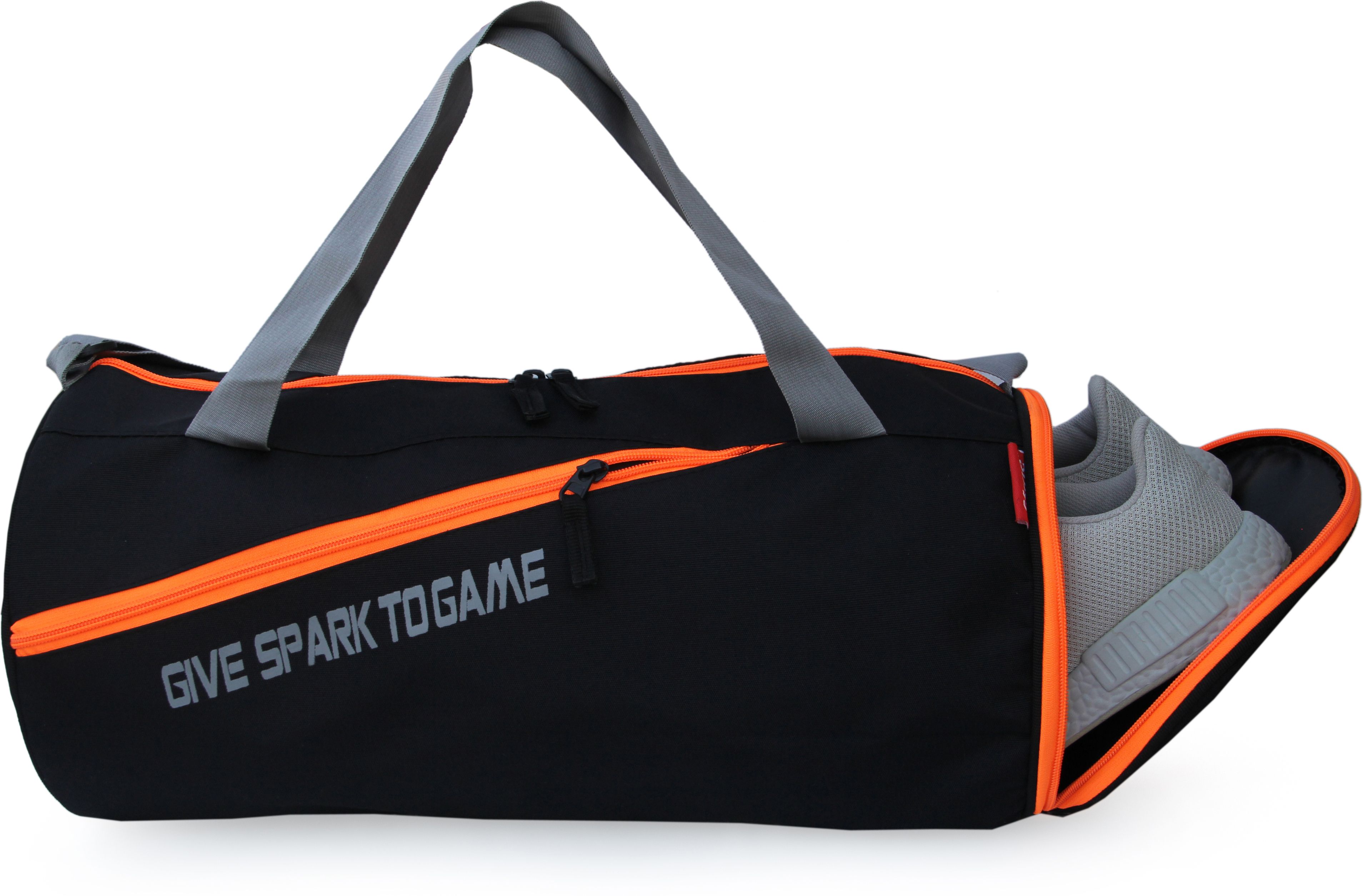 25 L Gym Duffel Bag - Men & Women Give Spark Black with Separate Shoe Compartment (orange) Sports Duffel - Black