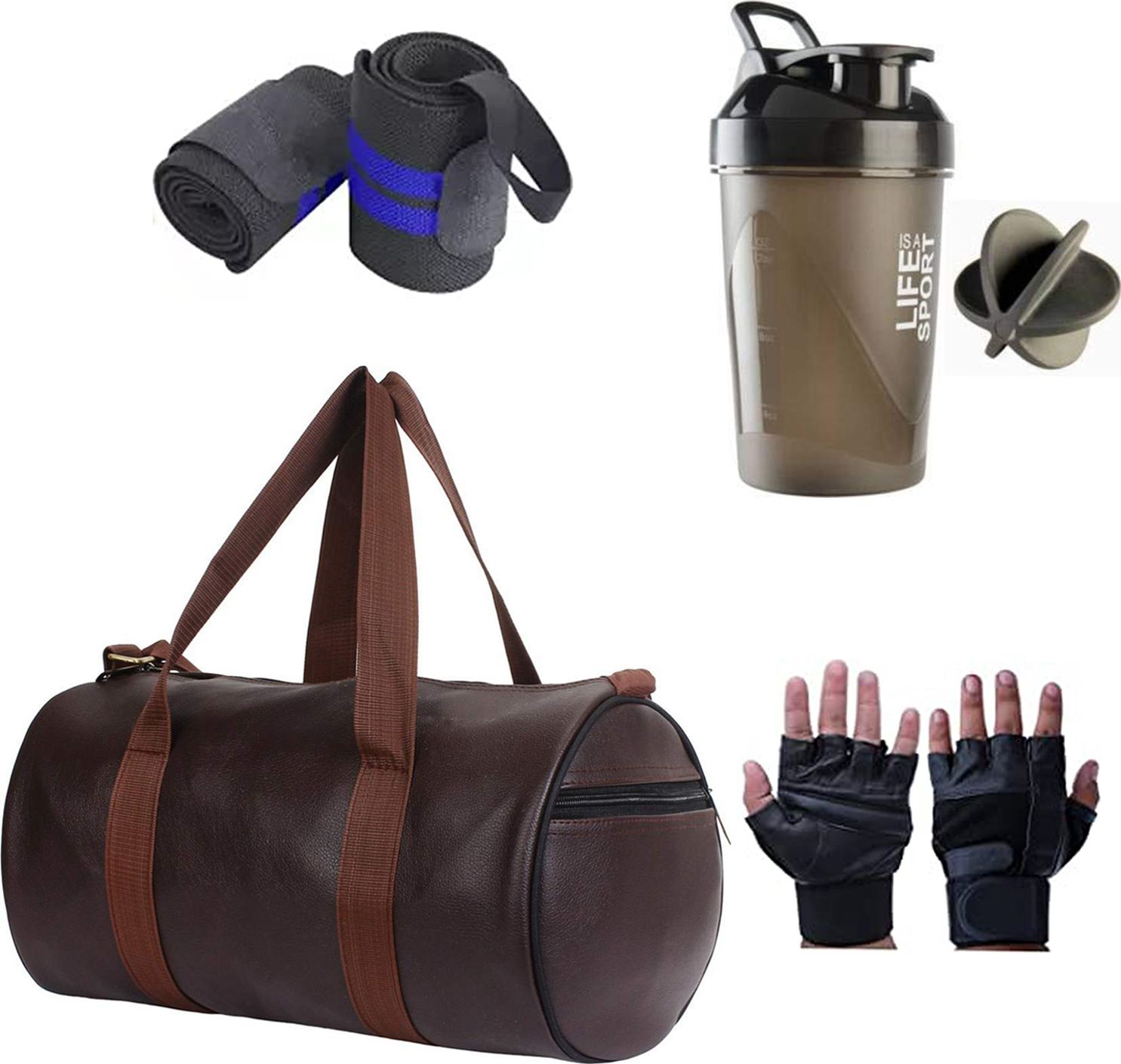 10 L Gym Duffel Bag - Combo Set of Gym Bag with Gym Glove with Wrist Band and life black shaker Bottle - Brown-image-16