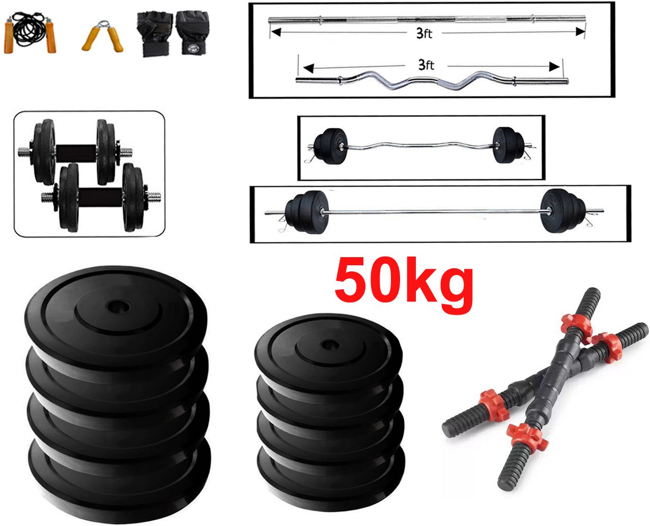 50 kg FITNESS SET + 3ft(Straight + Bend) BARBELL + FITNESS ACCESSORIES- BEST EXERCISE Home Gym Combo-image-44
