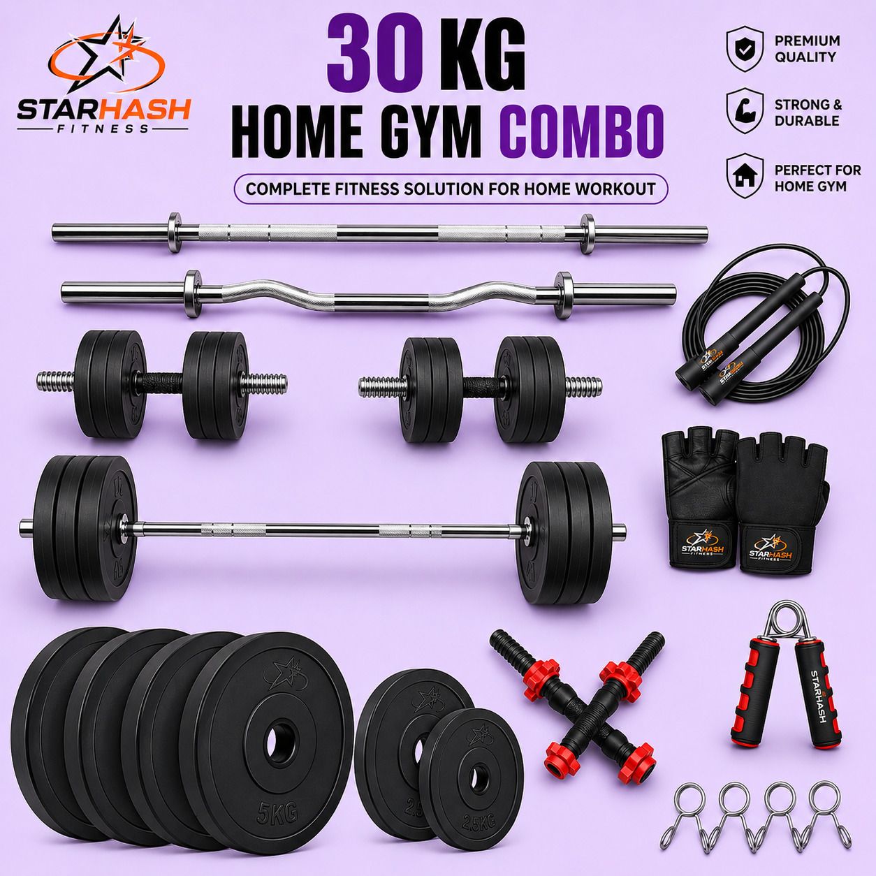 30 kg 3ft Straight+3ft Curl rod,PVC plates(5kg*6/2.5kg*4),Dumbbell rods & Accessories Home Gym Combo-image-41