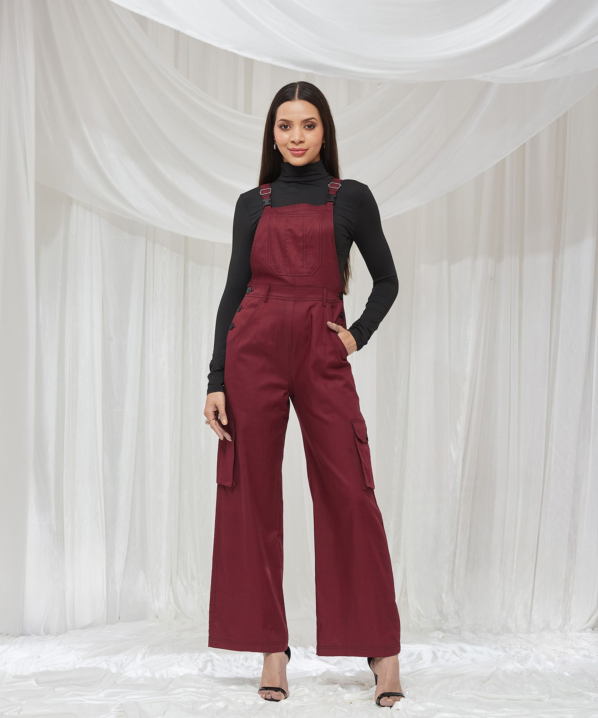 Women Maroon Dungaree-image-13