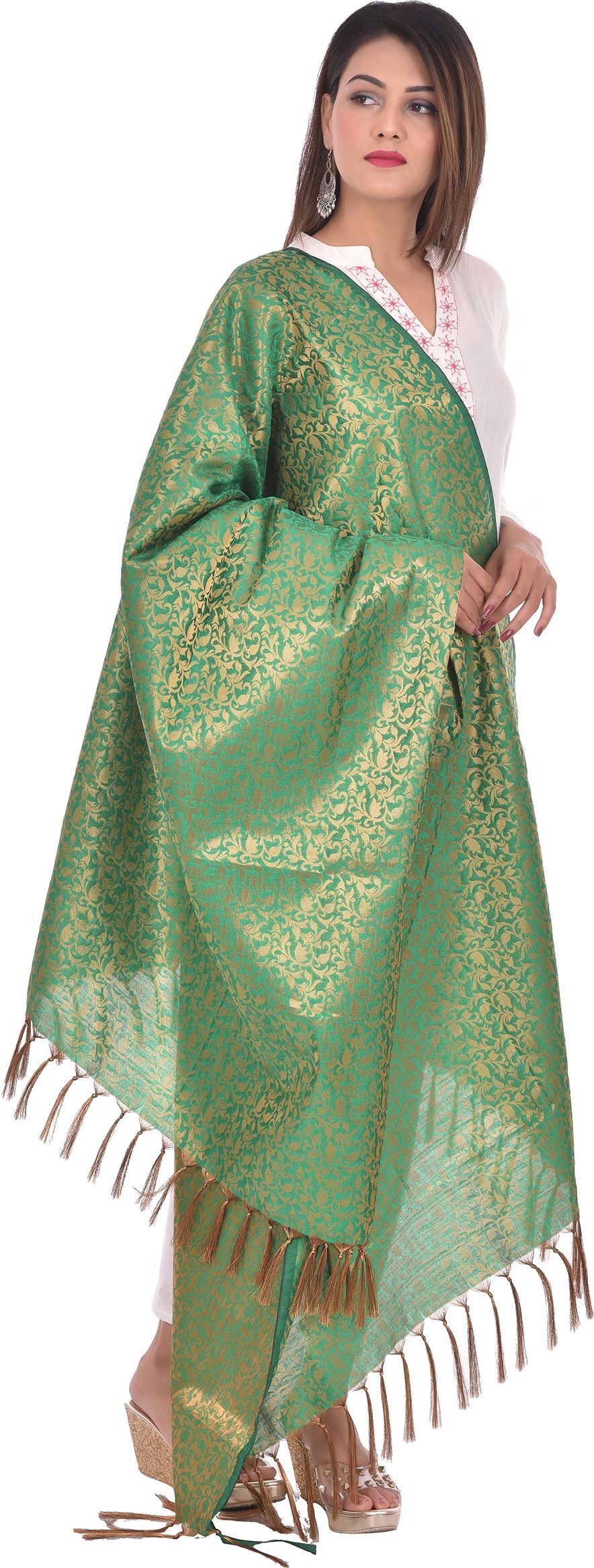 whiteheaven Pure Silk Self Design Green Women Dupatta-picture-7