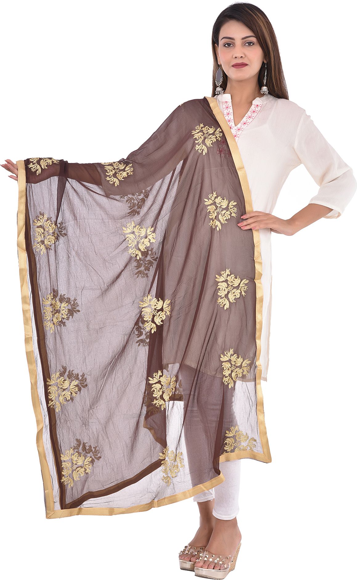 whiteheaven Chiffon Embroidered Brown Women Dupatta-picture-28