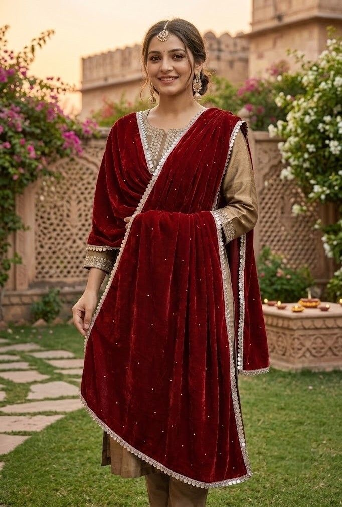 Velvet Solid Maroon Women Dupatta-image-19