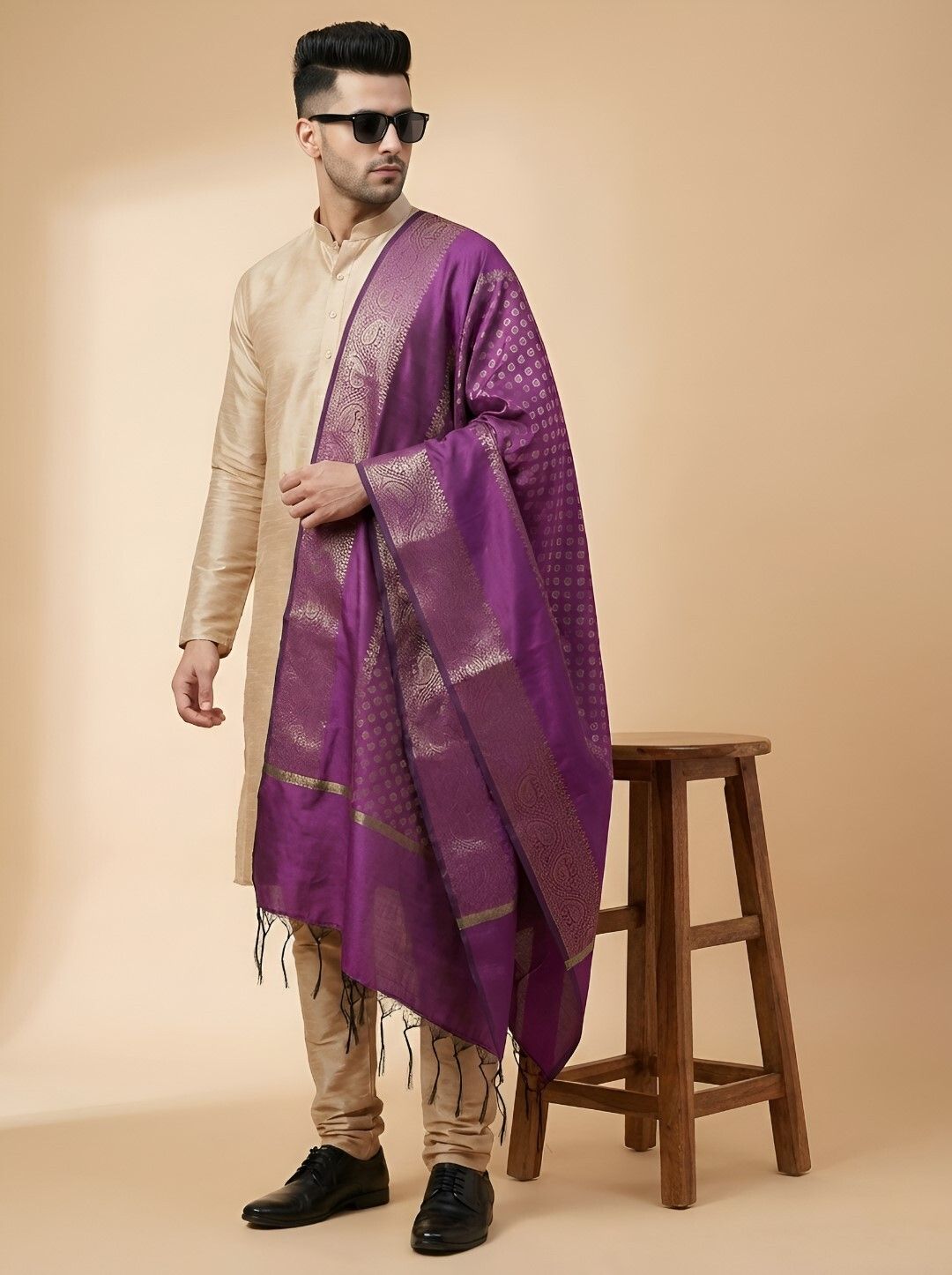 muffly Pure Silk Woven Purple Men Dupatta-picture-29