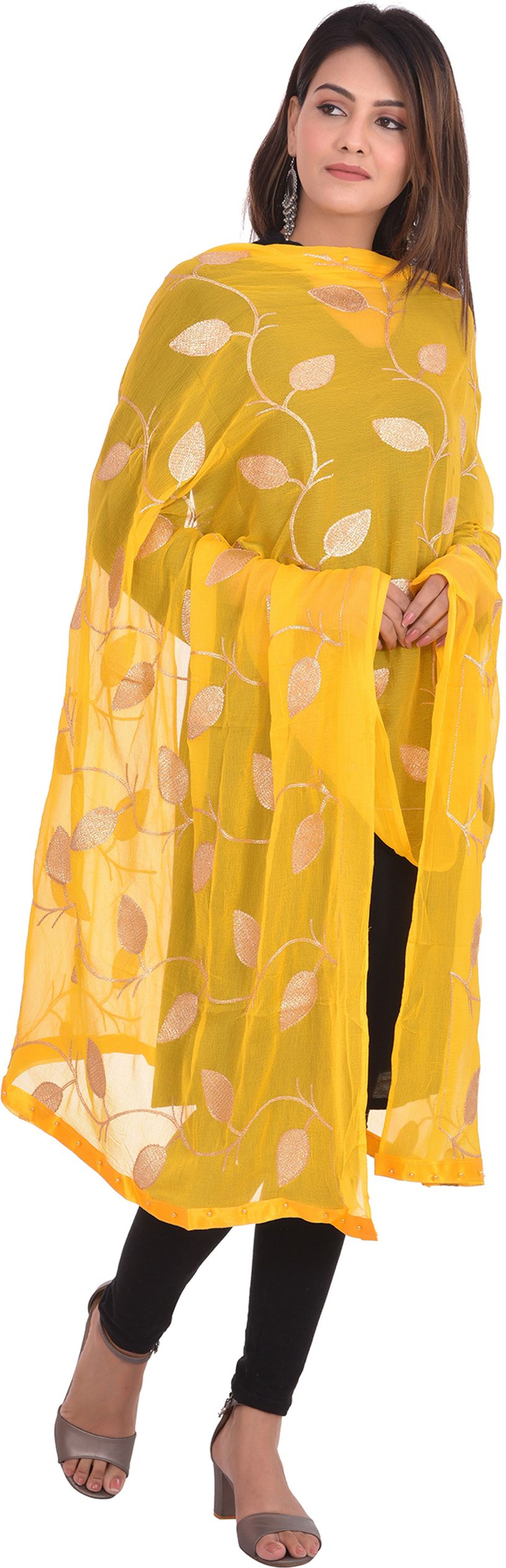whiteheaven Chiffon Embroidered Yellow Women Dupatta-picture-14