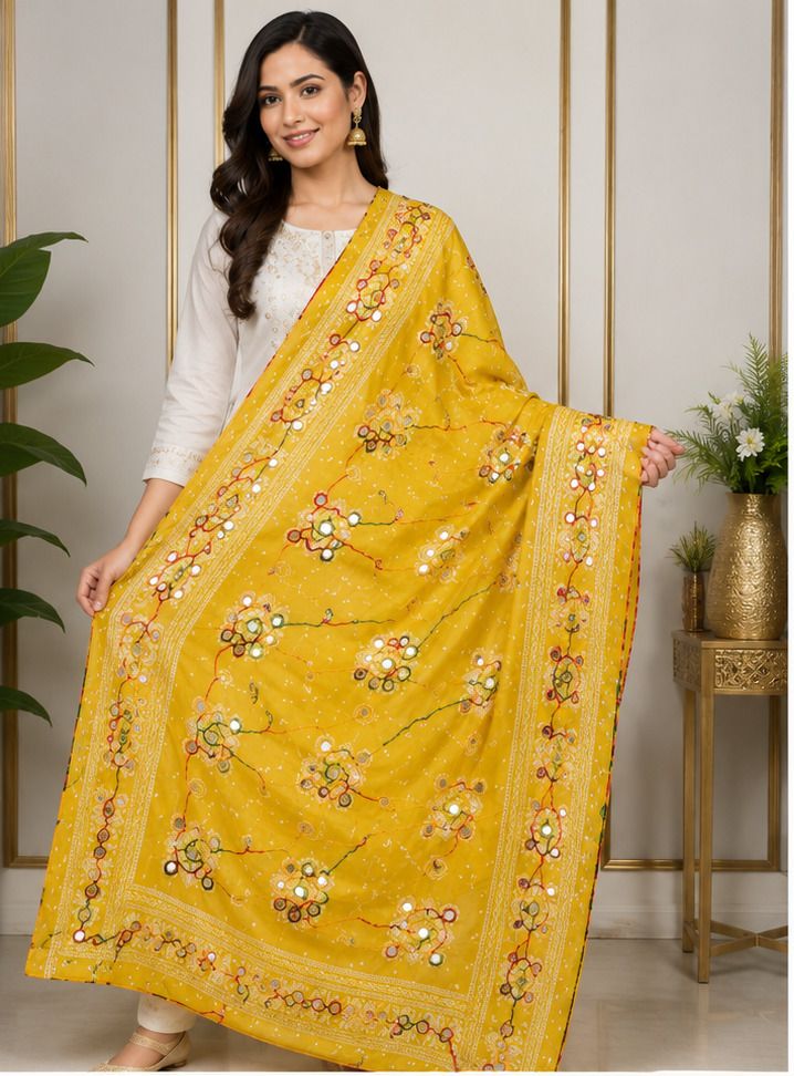gupta fashion mart Cotton Blend Embroidered Yellow Women Dupatta-picture-15