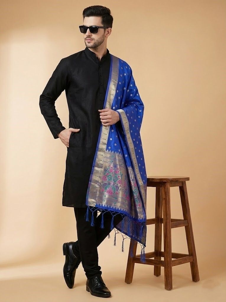 Cotton Silk Woven Blue Men Dupatta-image-14