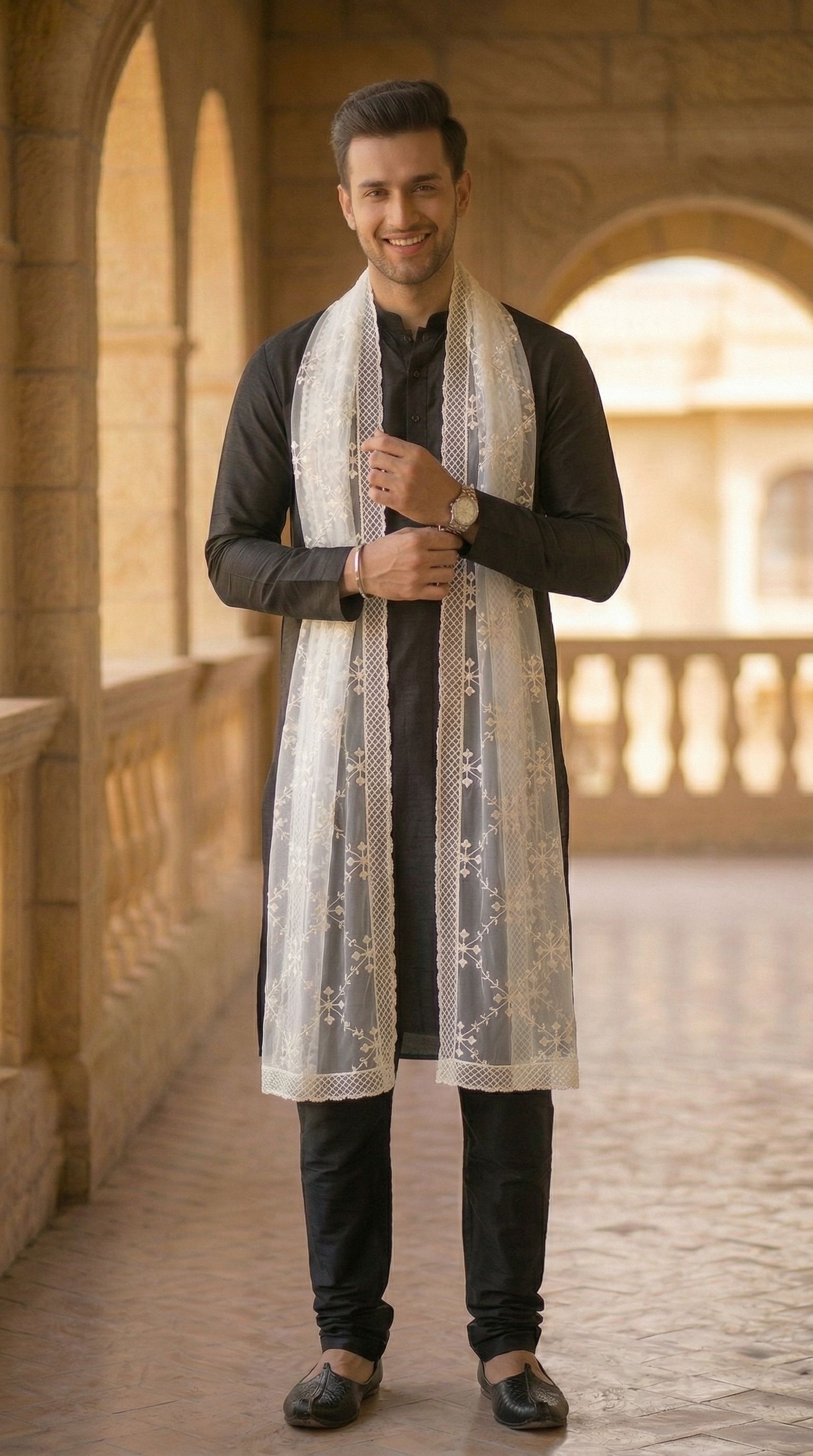 zamour Net Embroidered White Men Dupatta-picture-20