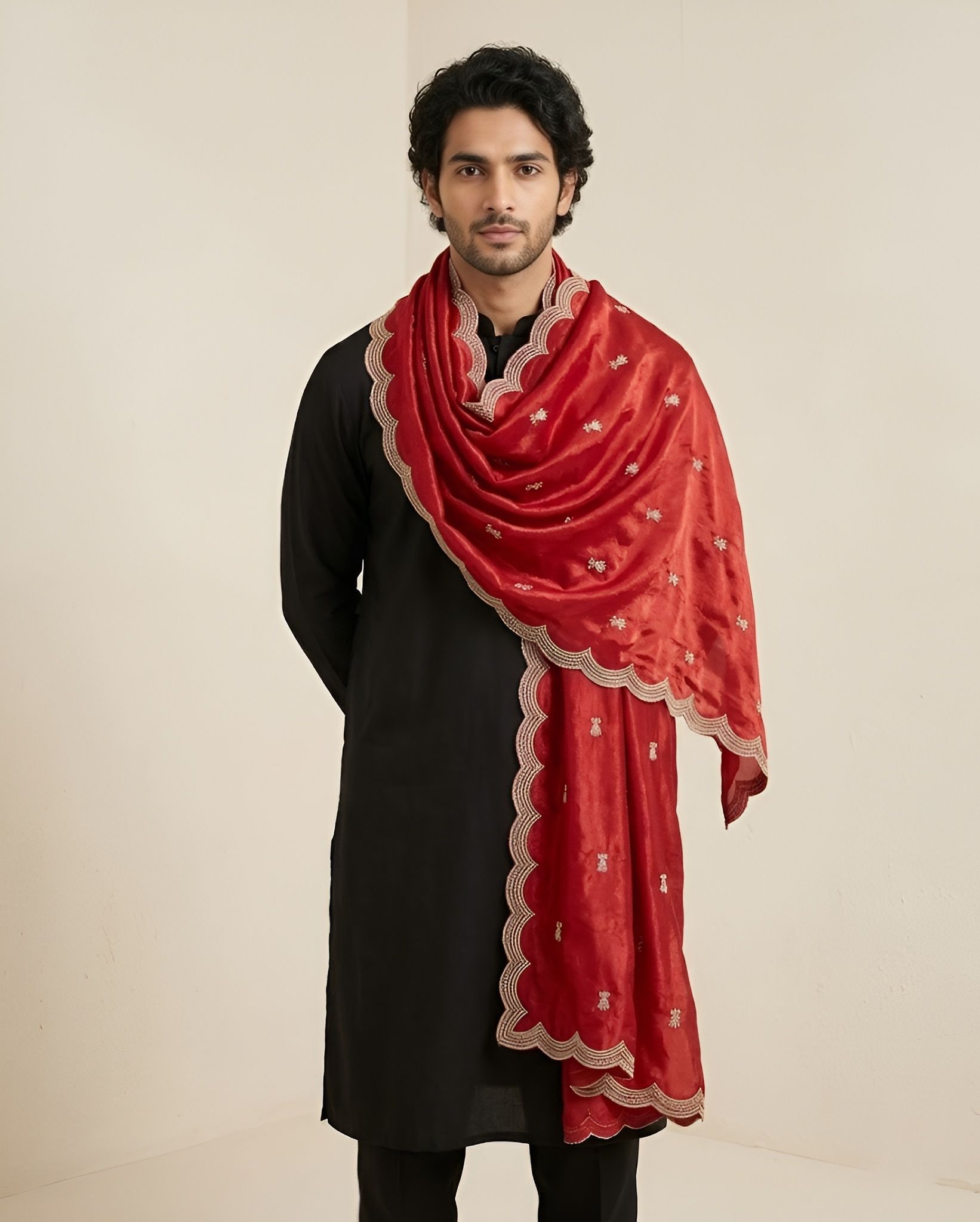 Net Embroidered Maroon Men Dupatta-image-48