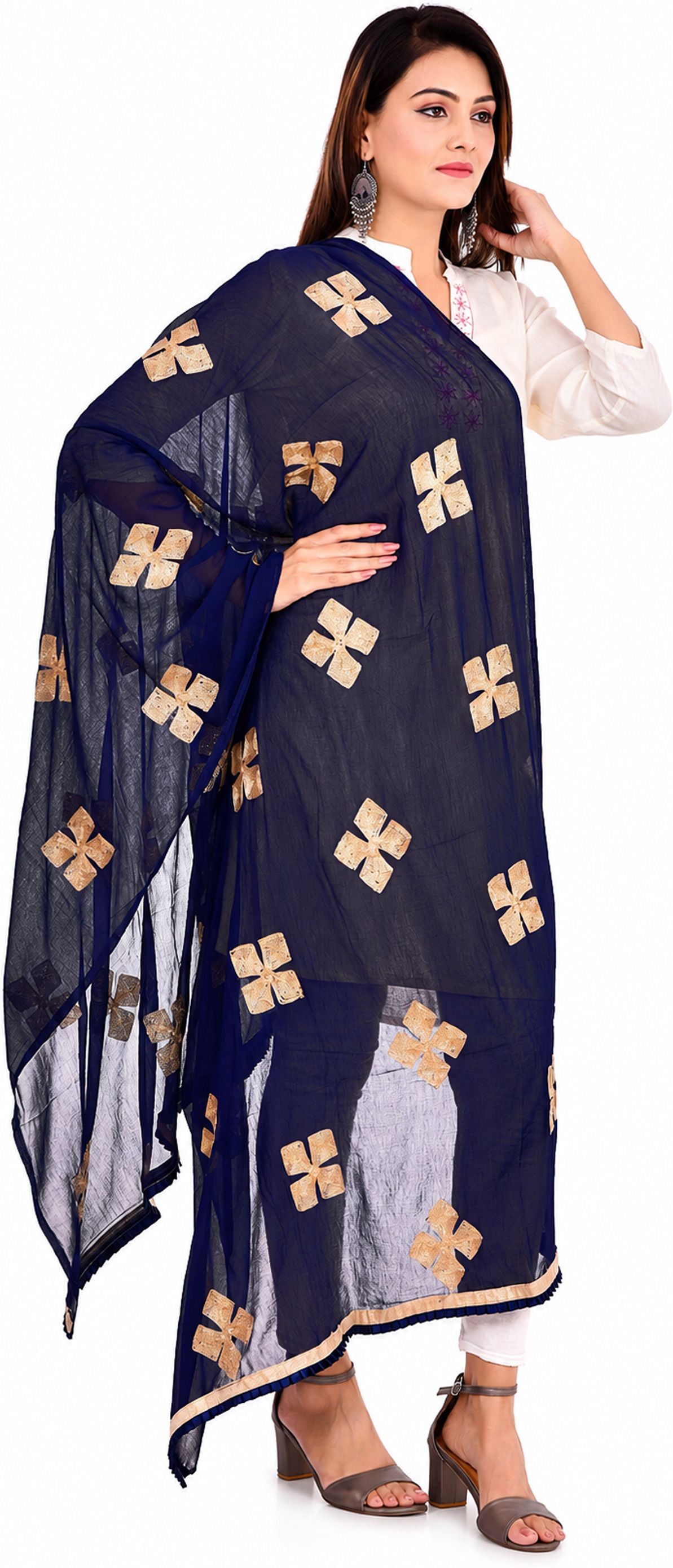 whiteheaven Chiffon Embroidered Dark Blue Women Dupatta-picture-3