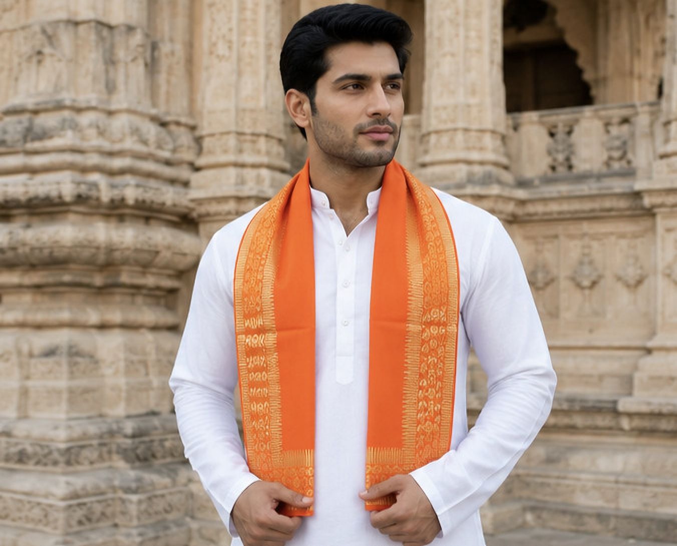 Cotton Blend Printed Gold, Orange Men Dupatta-image-35