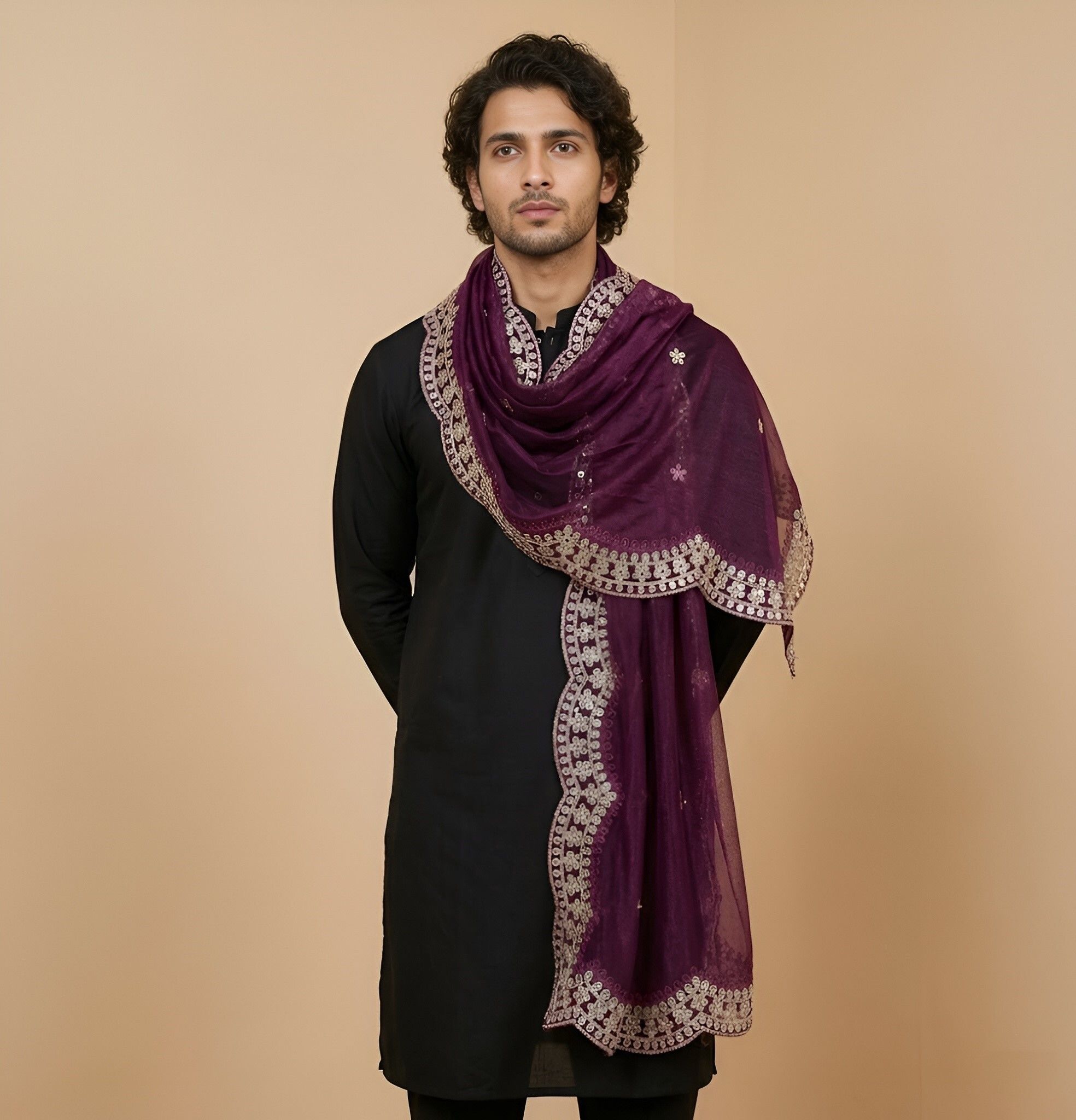 muffly Organza Embroidered Purple Men Dupatta-picture-10