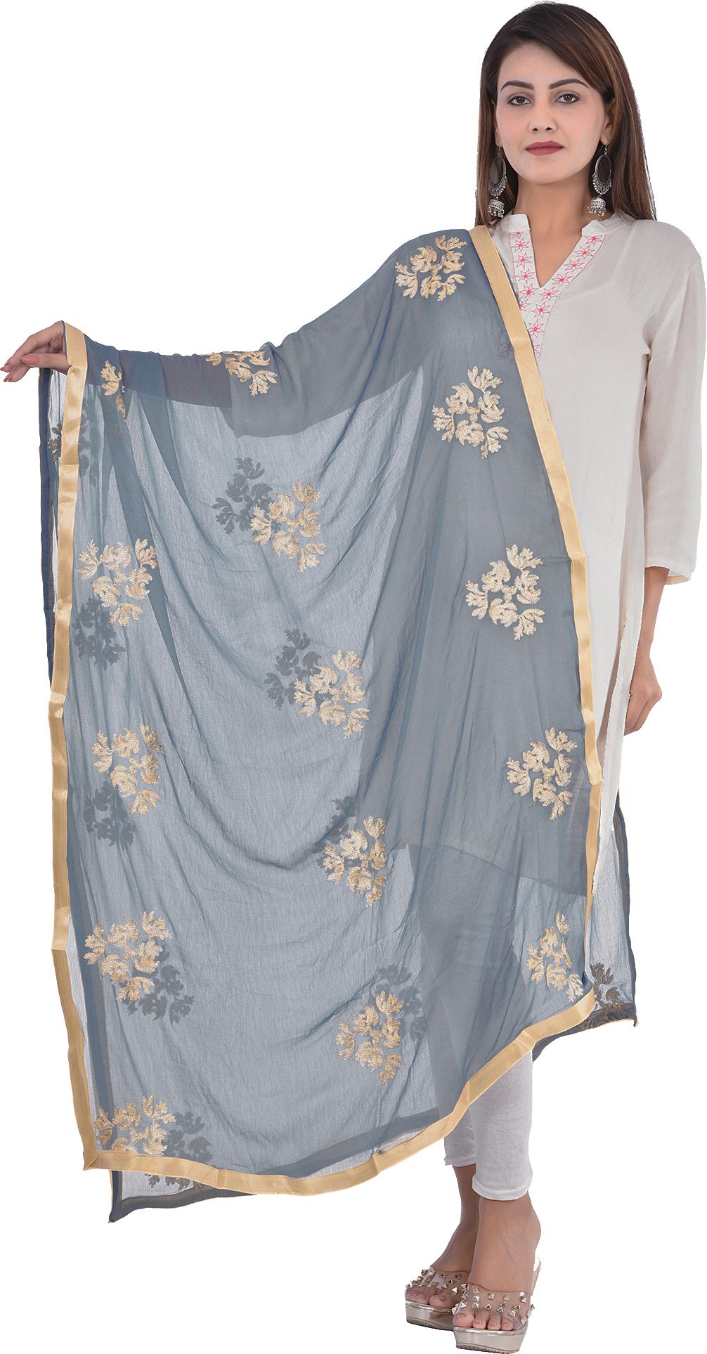 whiteheaven Chiffon Embroidered Grey Women Dupatta-picture-5